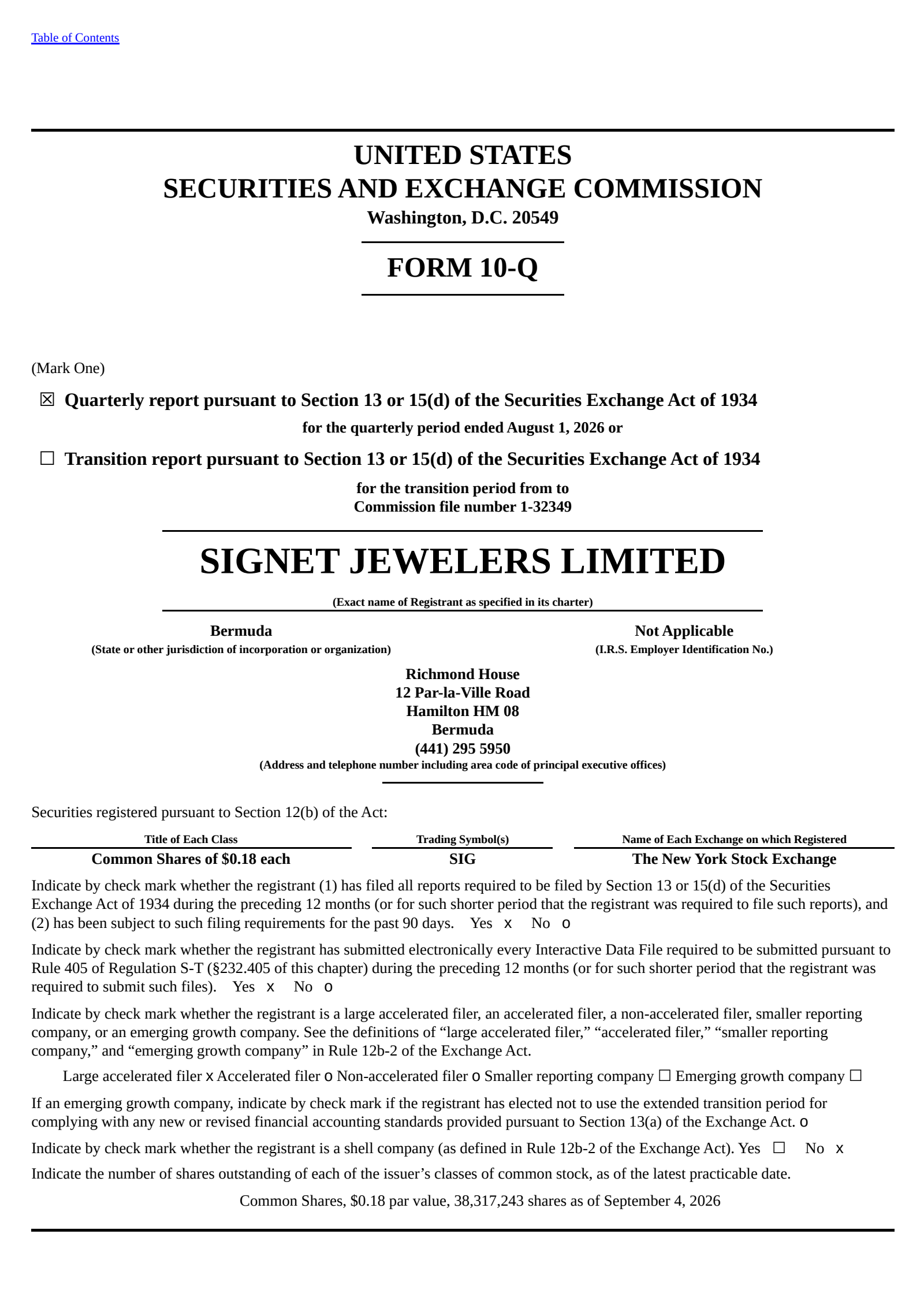 Signet Jewelers' Q2 2027 Quarterly report