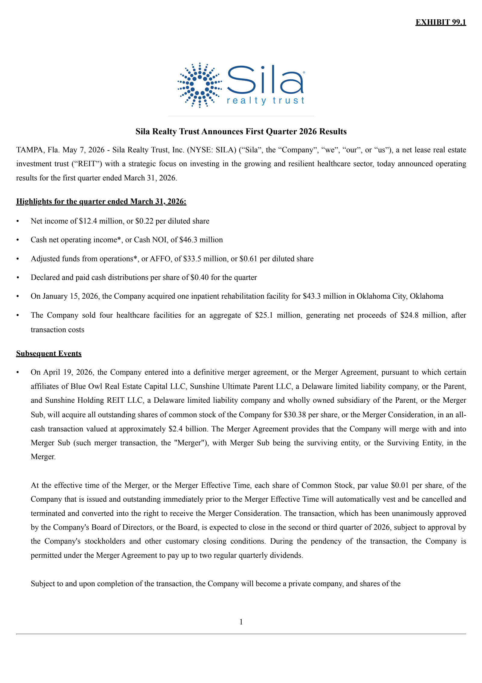 Sila Realty Trust's Q1 2026 Press Release