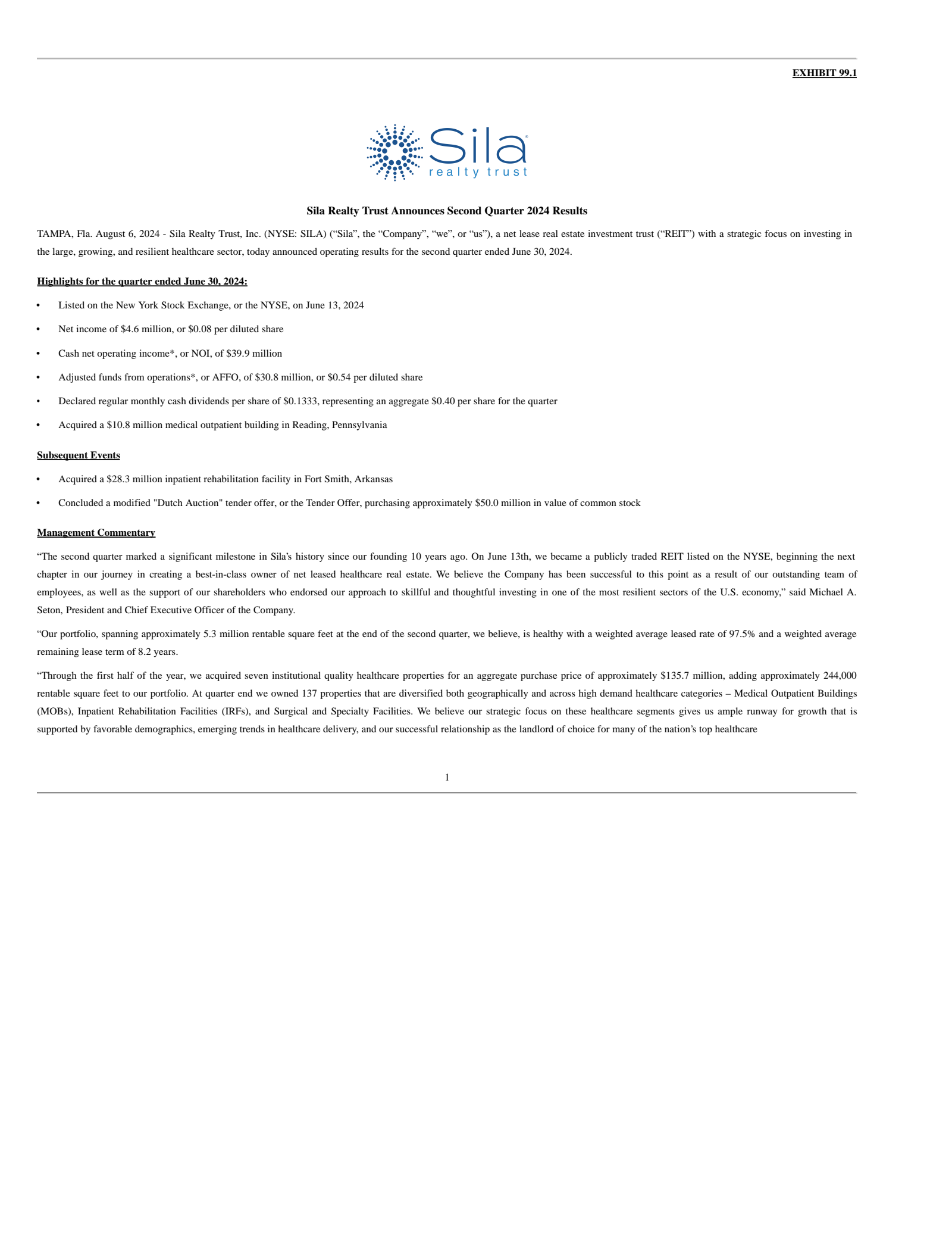 Sila Realty Trust's Q2 2024 Press Release