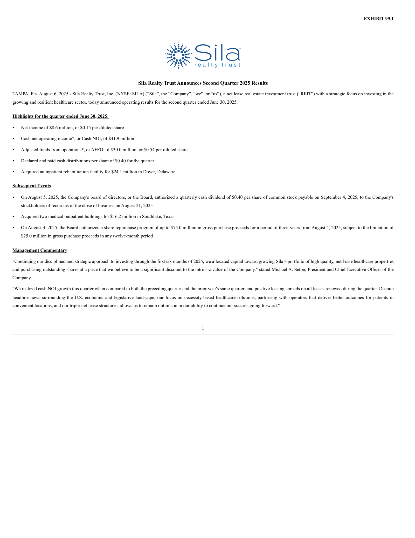 Sila Realty Trust's Q2 2025 Press Release