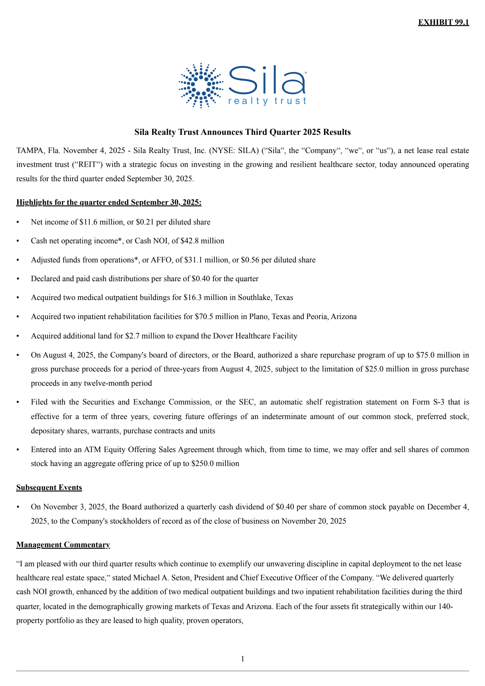 Sila Realty Trust's Q3 2025 Earnings Release
