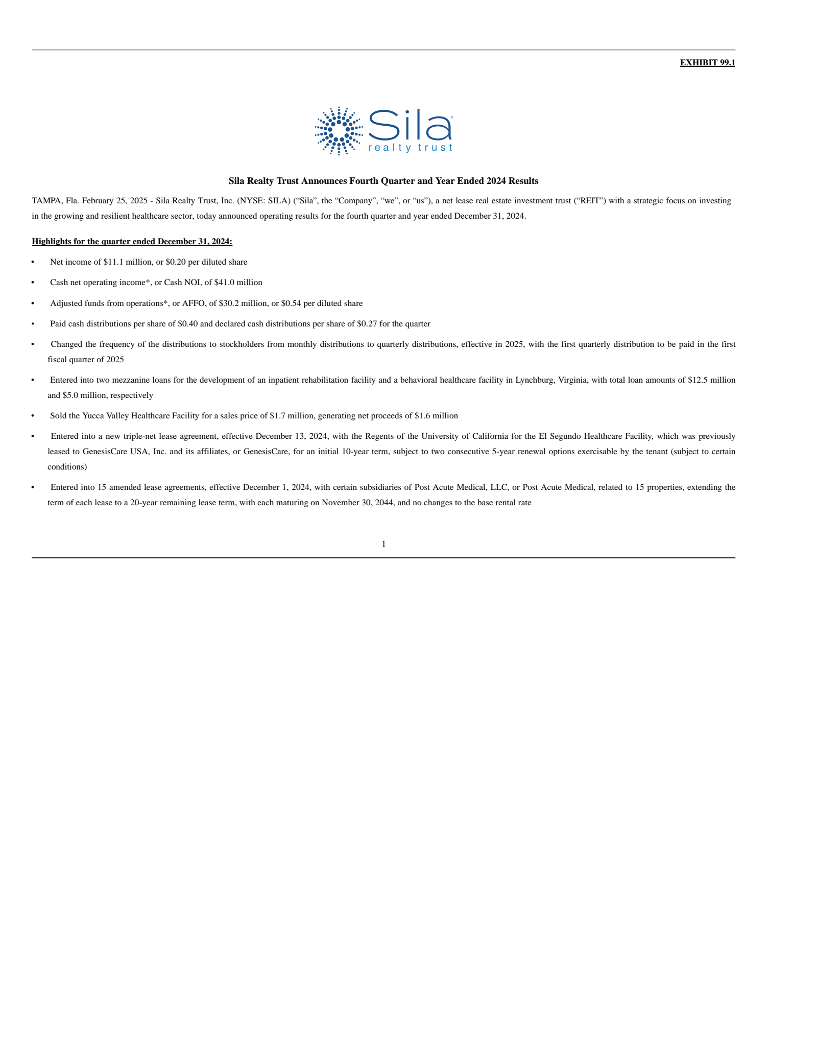 Sila Realty Trust's Q4 2024 Press Release