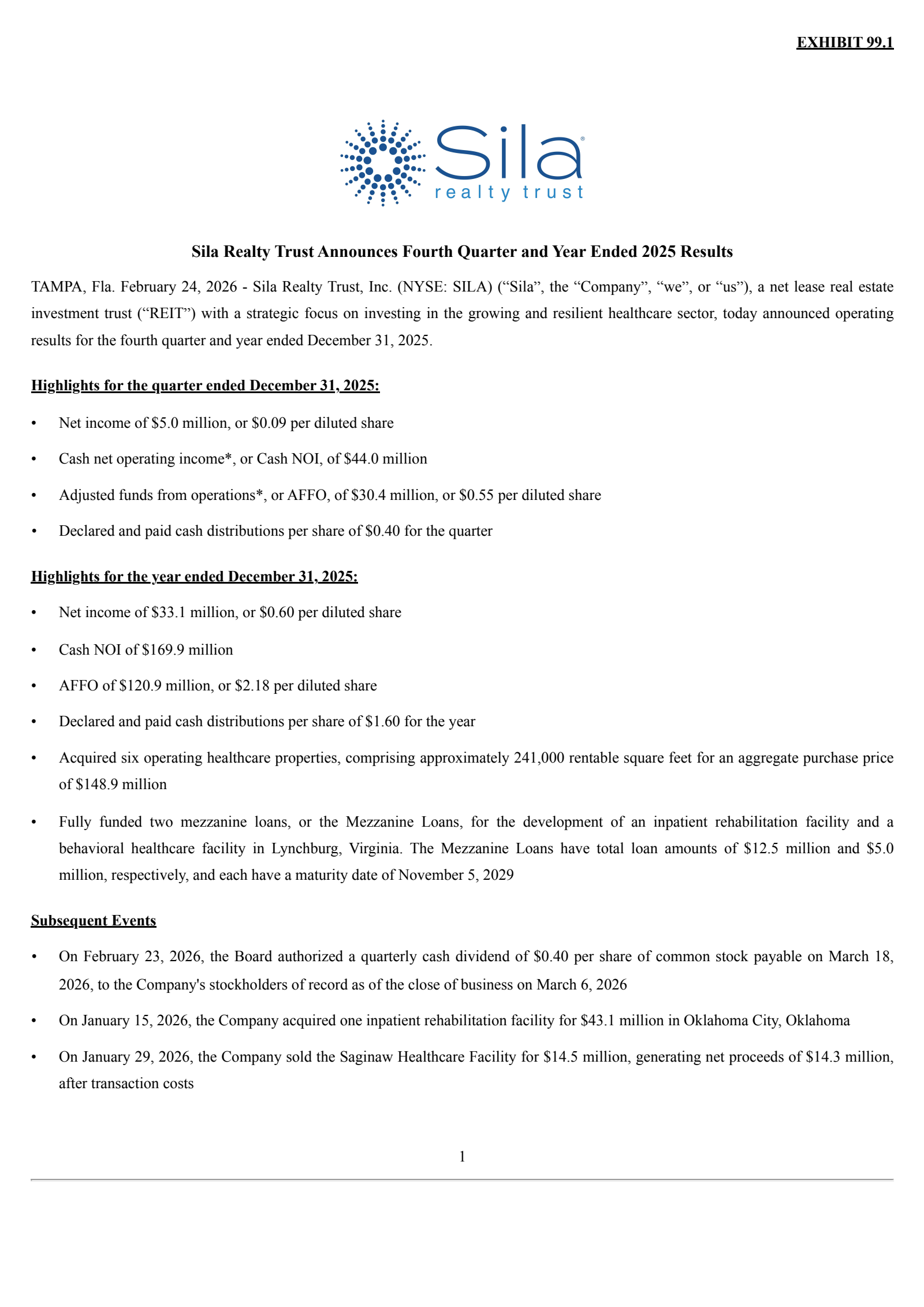 Sila Realty Trust's Q4 2025 Press Release