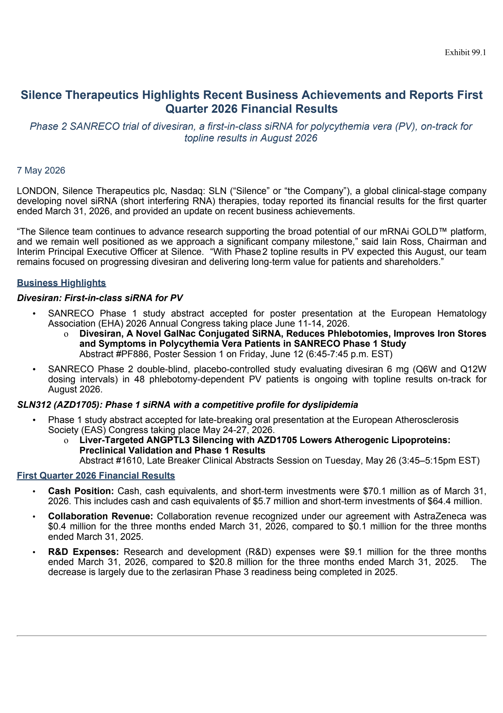 Silence Therapeutics' Q1 2026 Press Release