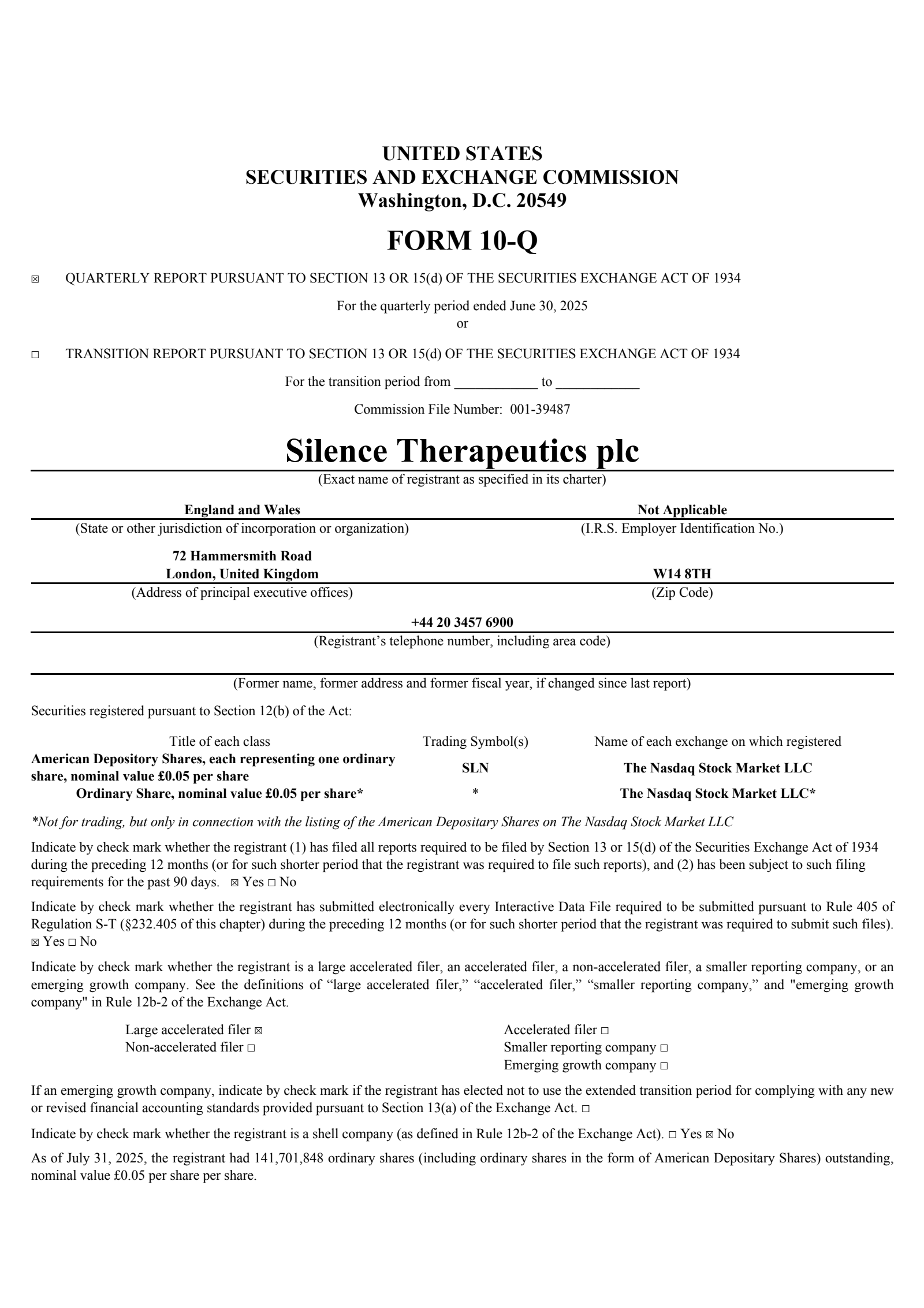 Silence Therapeutics' Q2 2025 Quarterly report