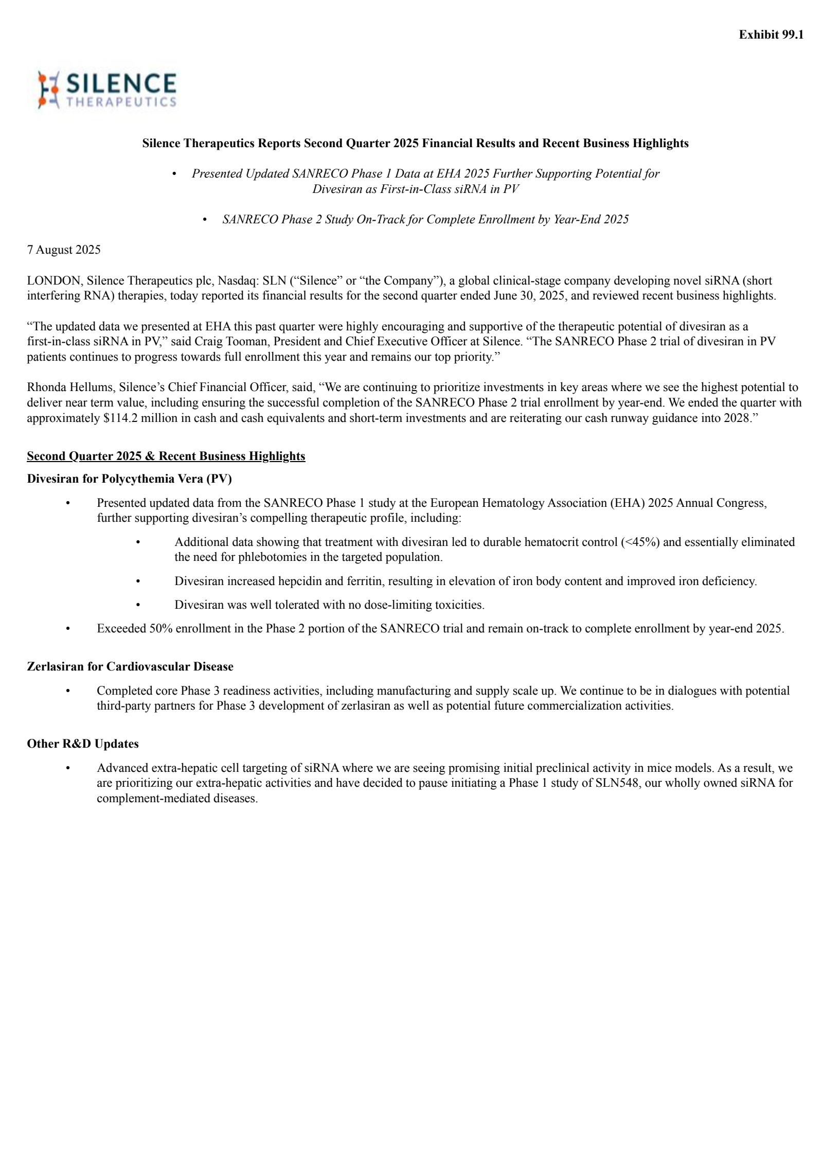 Silence Therapeutics' Q2 2025 Press Release