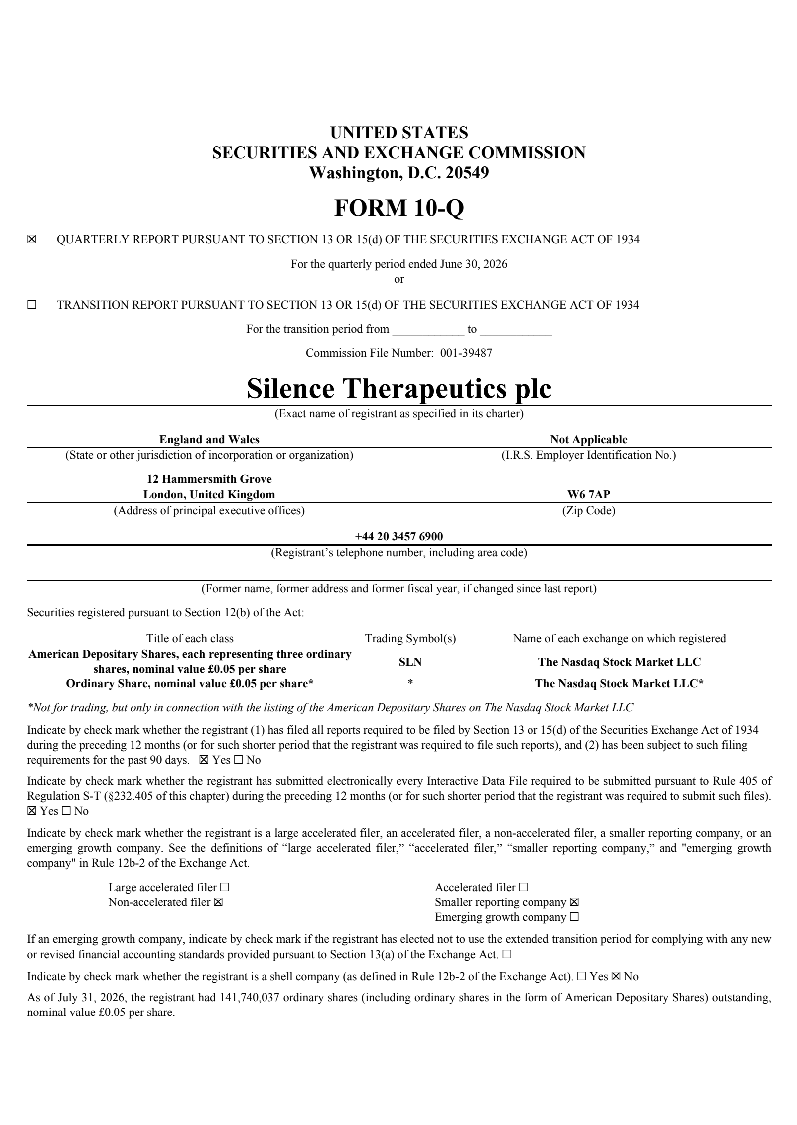 Silence Therapeutics' Q2 2026 Quarterly report
