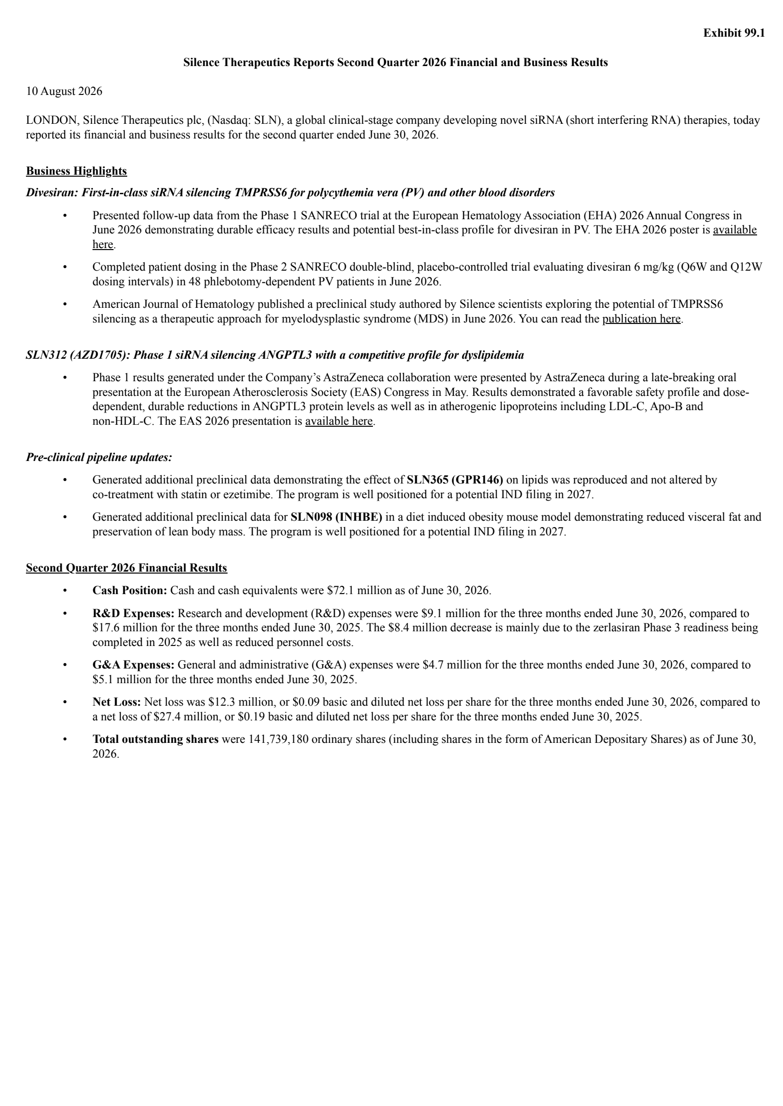 Silence Therapeutics' Q2 2026 Press Release