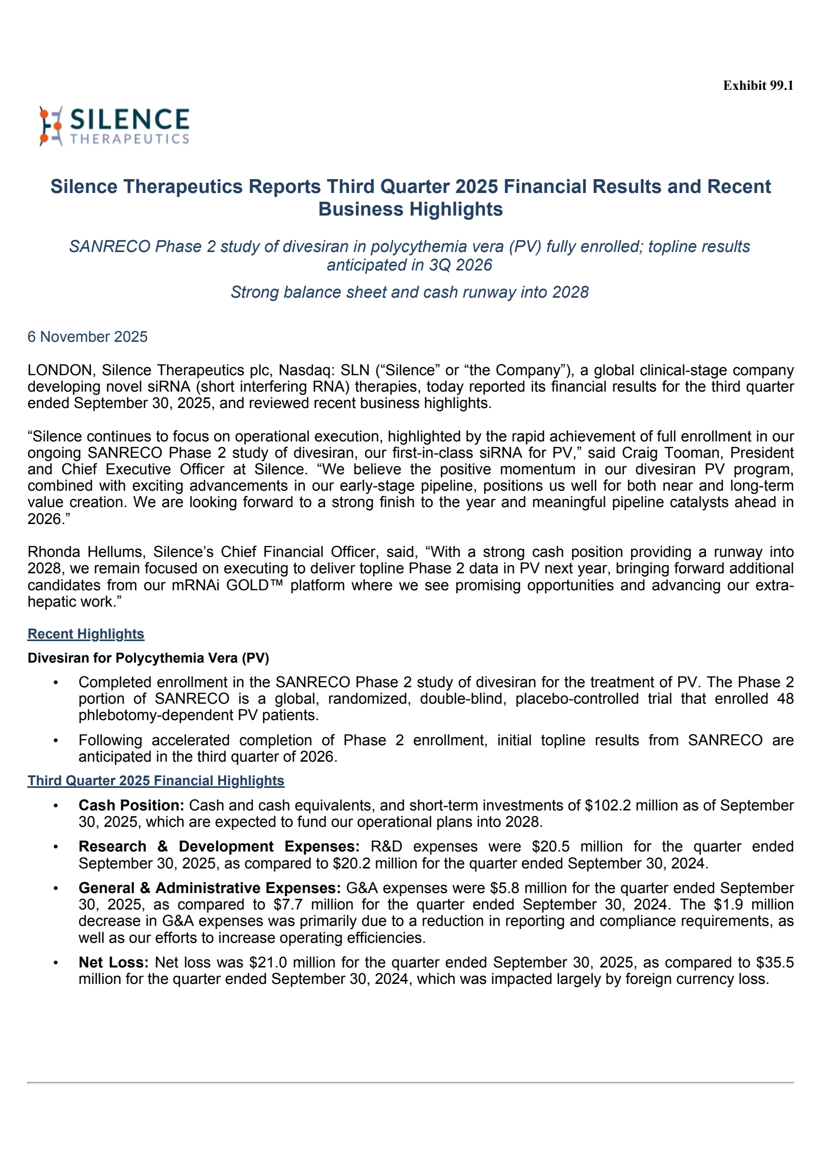 Silence Therapeutics' Q3 2025 Earnings Release