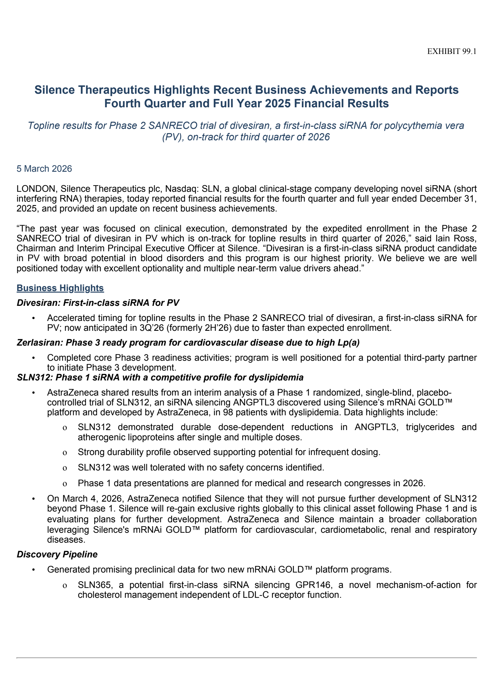 Silence Therapeutics' Q4 2025 Press Release