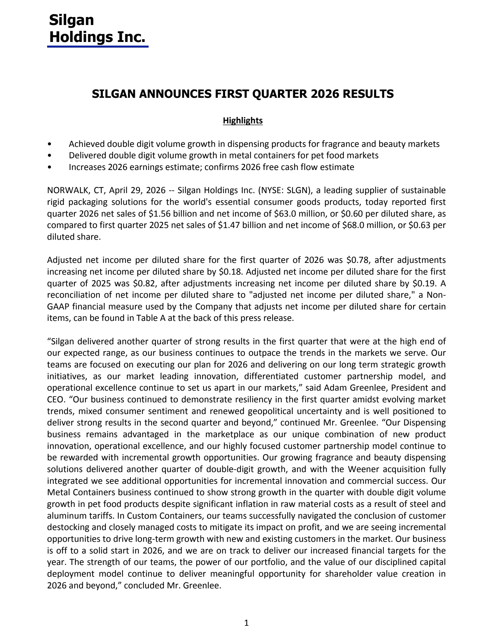 Silgan's Q1 2026 Press Release