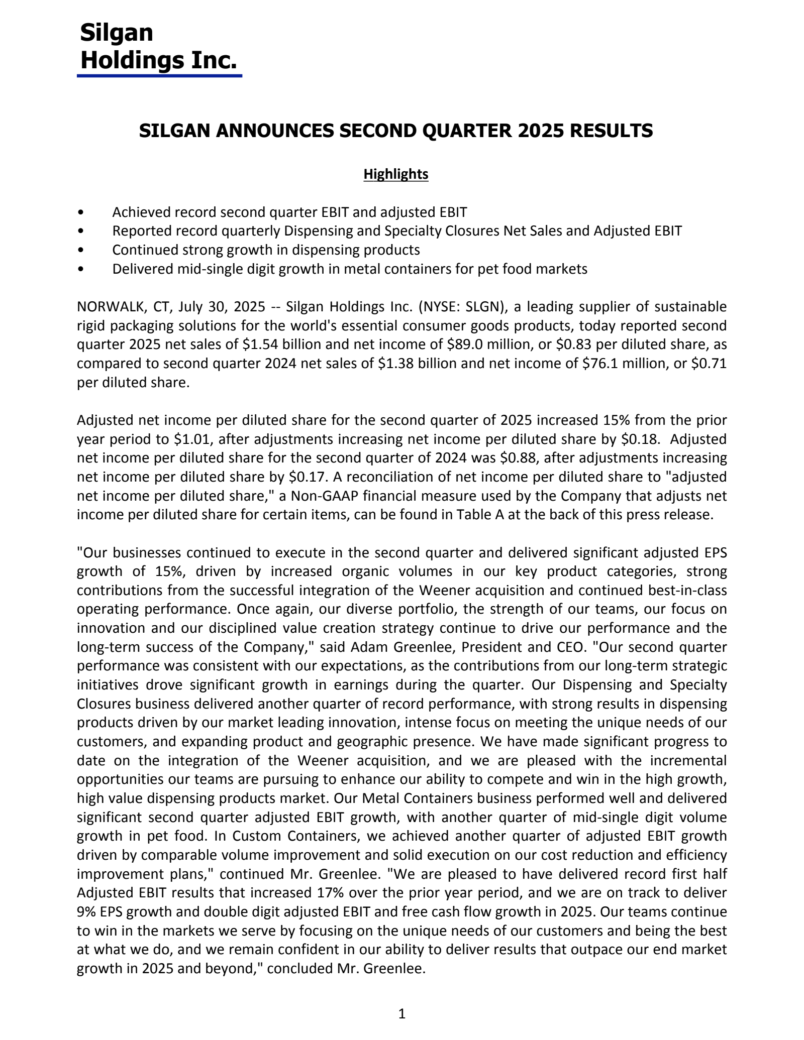 Silgan's Q2 2025 Press Release