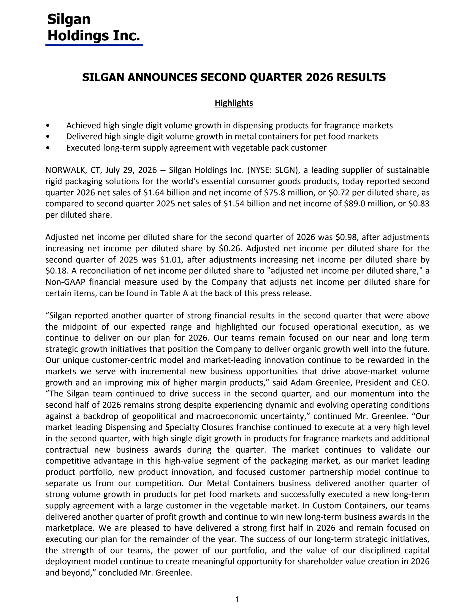 Silgan's Q2 2026 Press Release