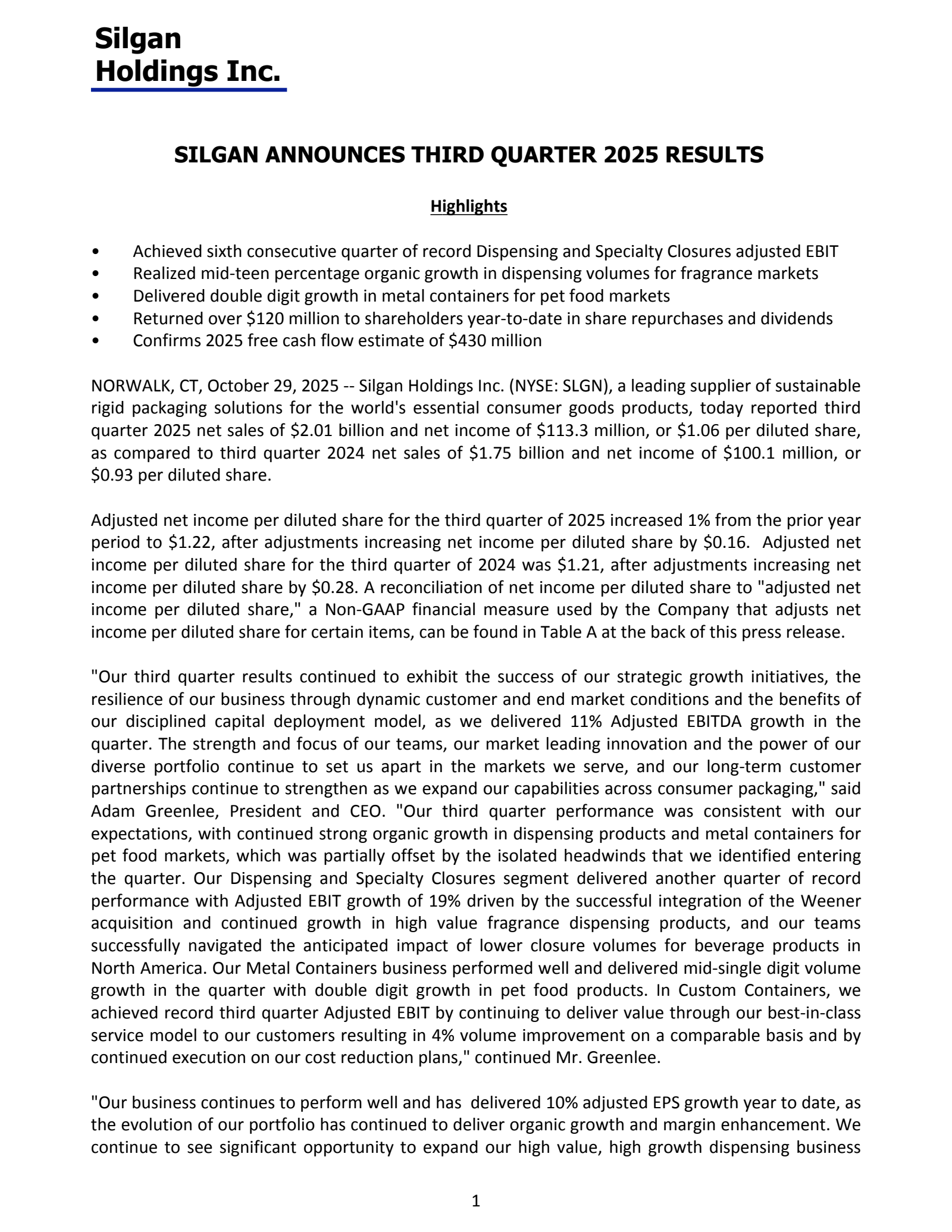 Silgan's Q3 2025 Earnings Release