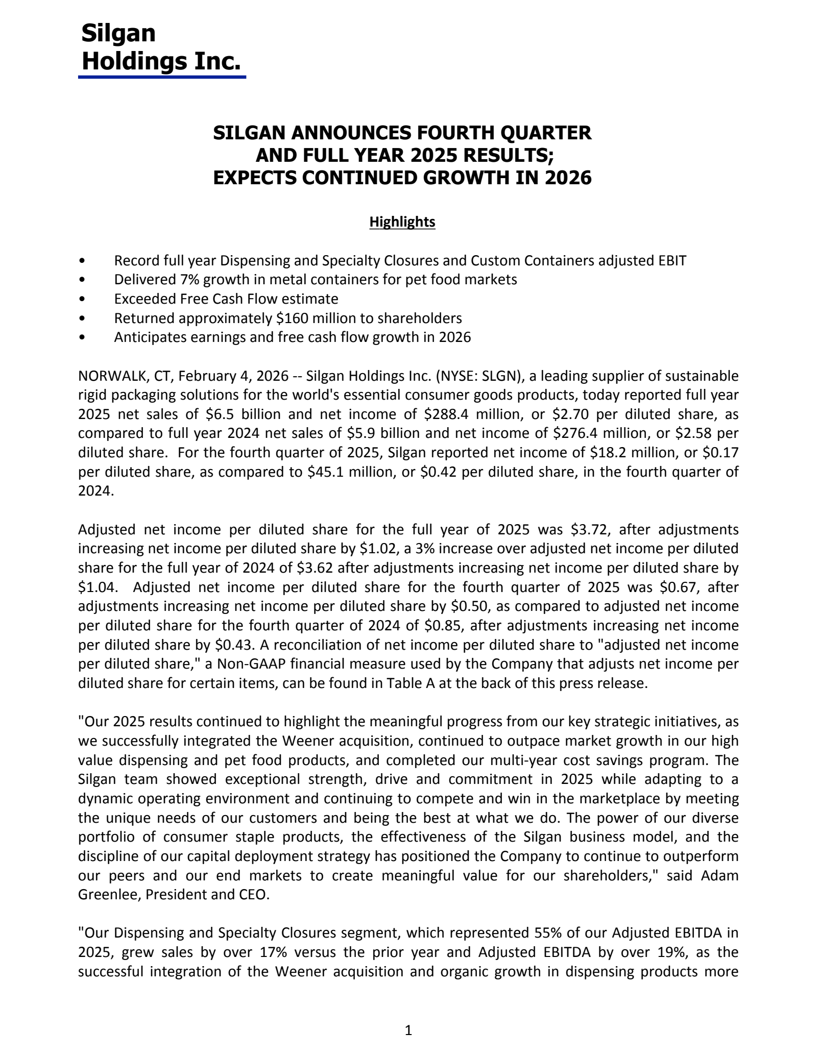 Silgan's Q4 2025 Press Release