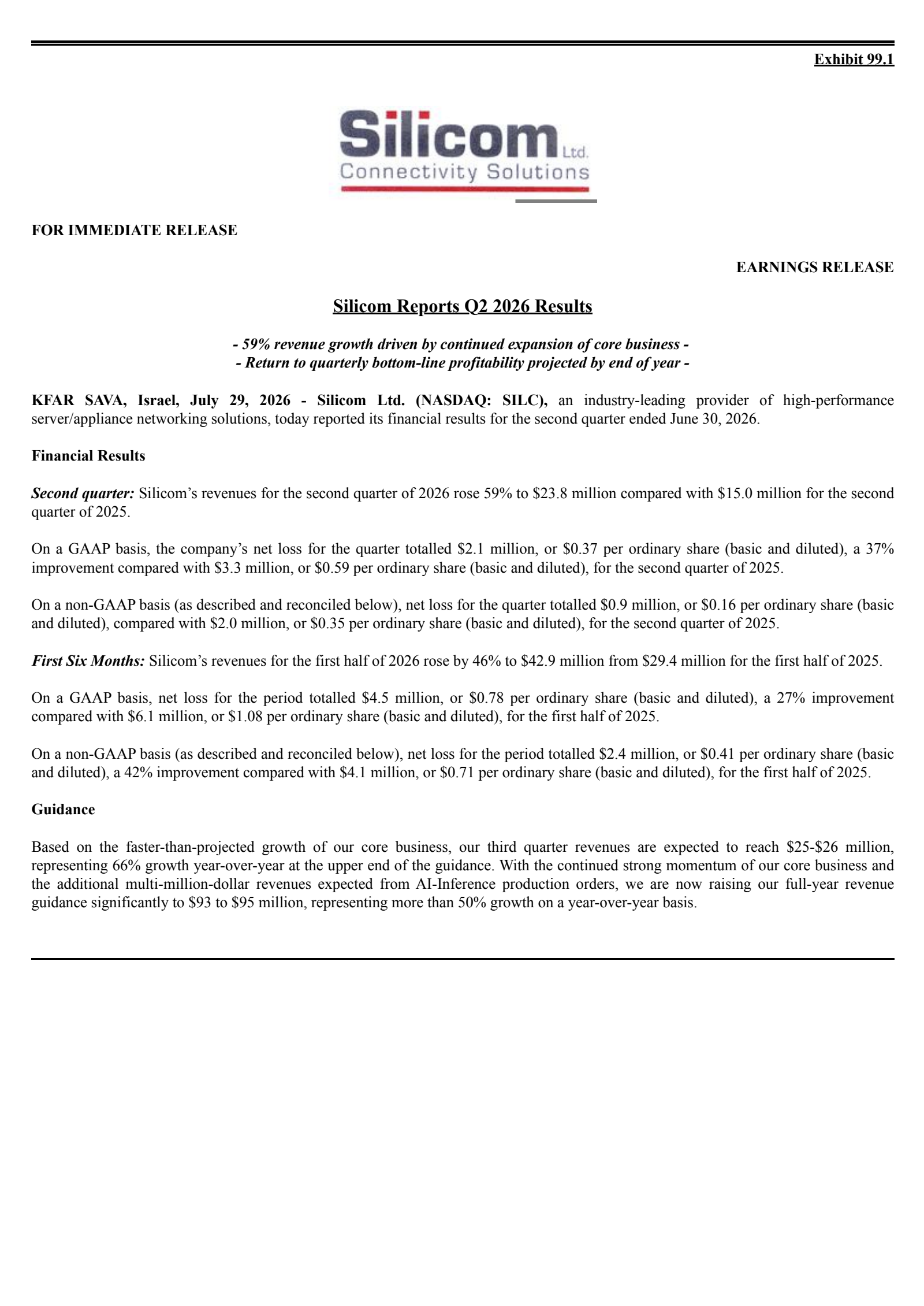 Silicom's Q2 2026 Press Release