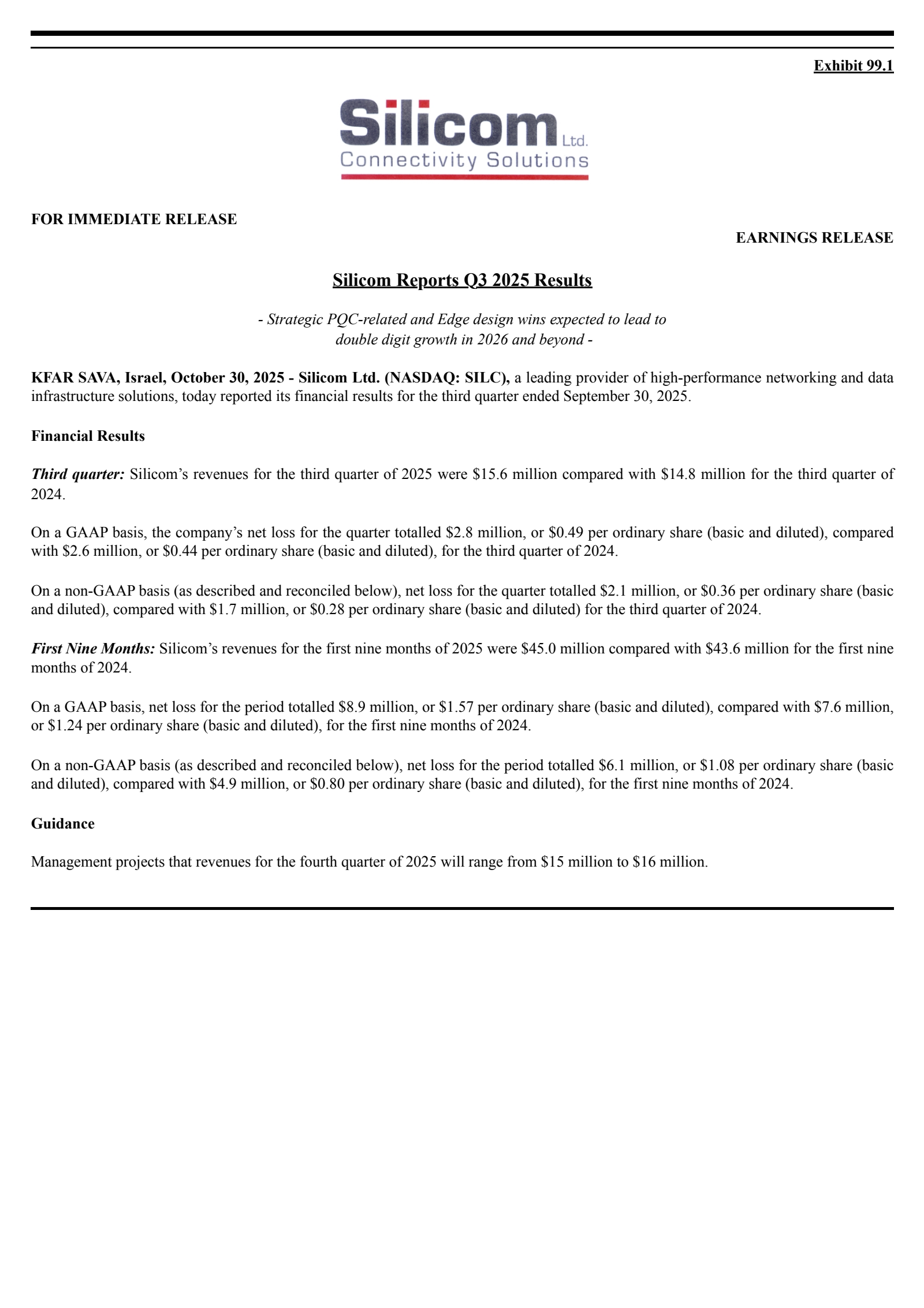 Silicom's Q3 2025 Earnings Release