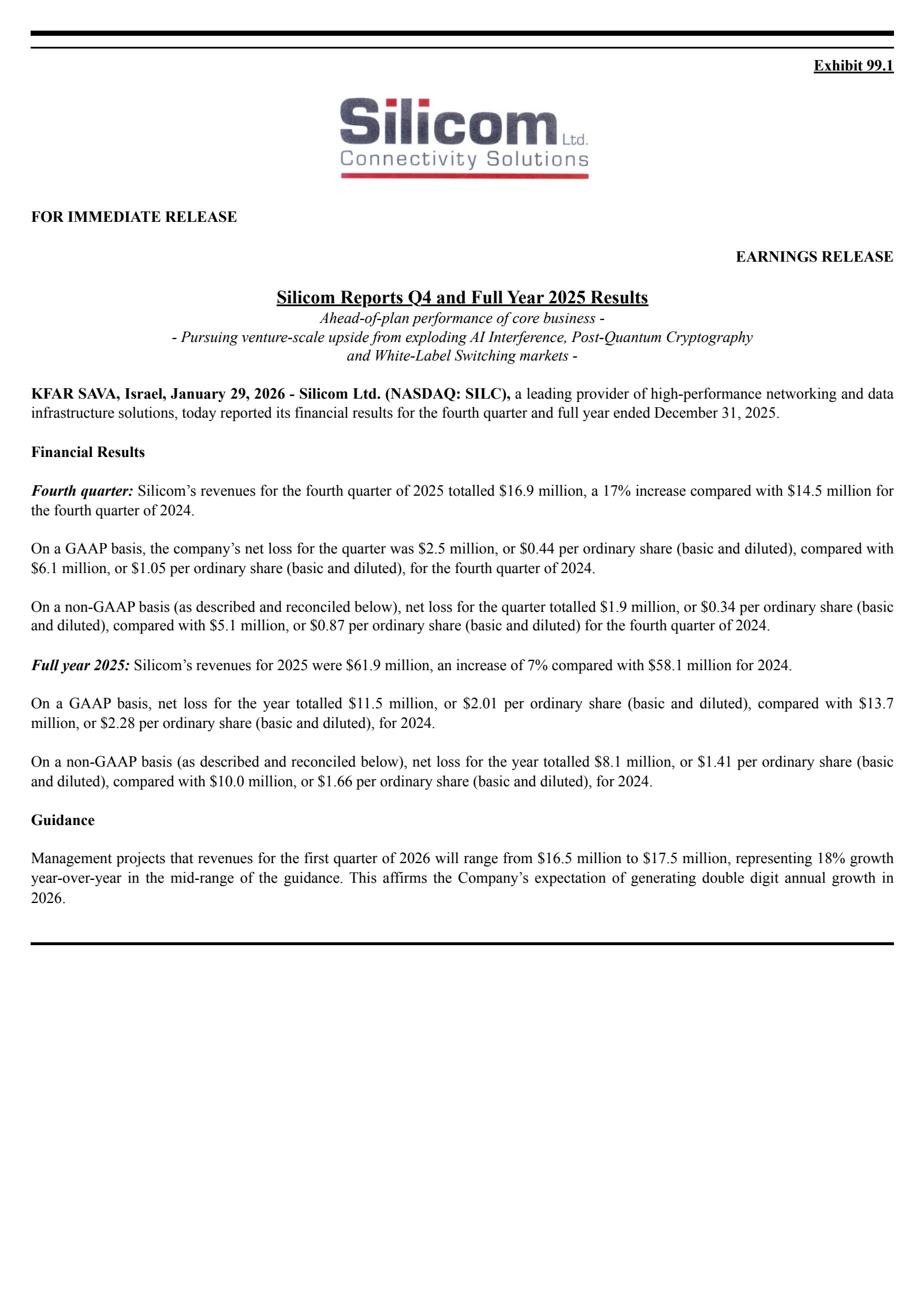 Silicom's Q4 2025 Press Release