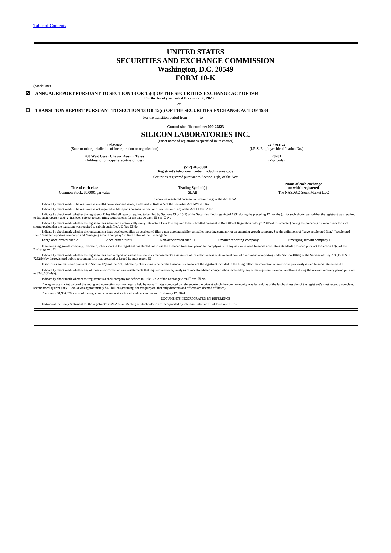 Silicon Laboratories' Q4 2023 Annual report