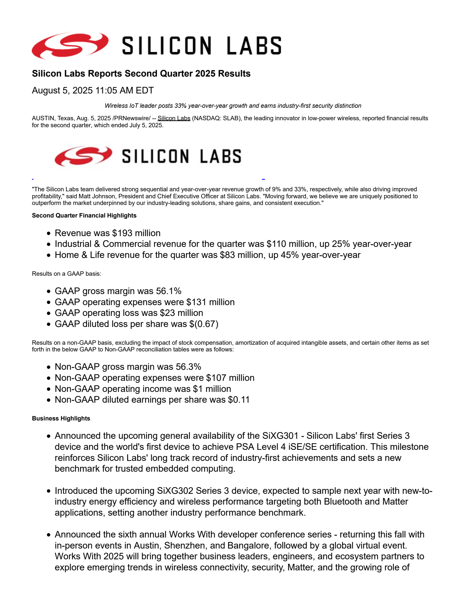 Silicon Laboratories' Q2 2025 Press Release