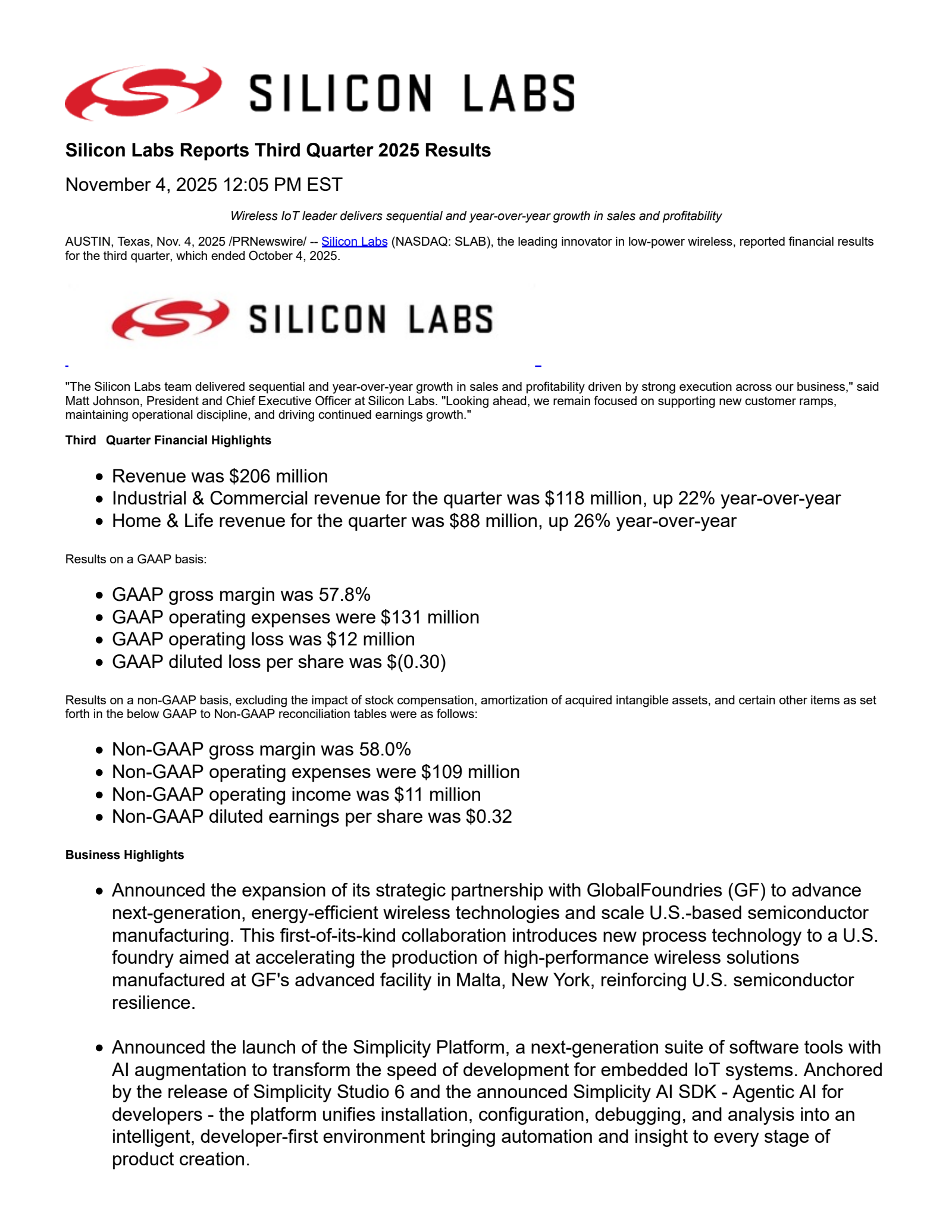 Silicon Laboratories' Q3 2025 Earnings Release