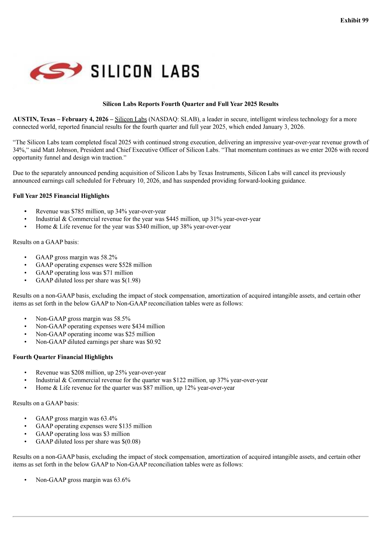 Silicon Laboratories' Q4 2025 Press Release