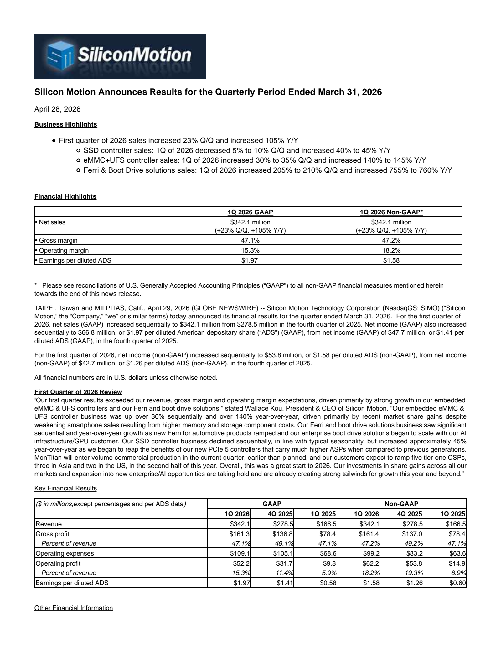 Silicon Motion Technology's Q1 2026 Press Release