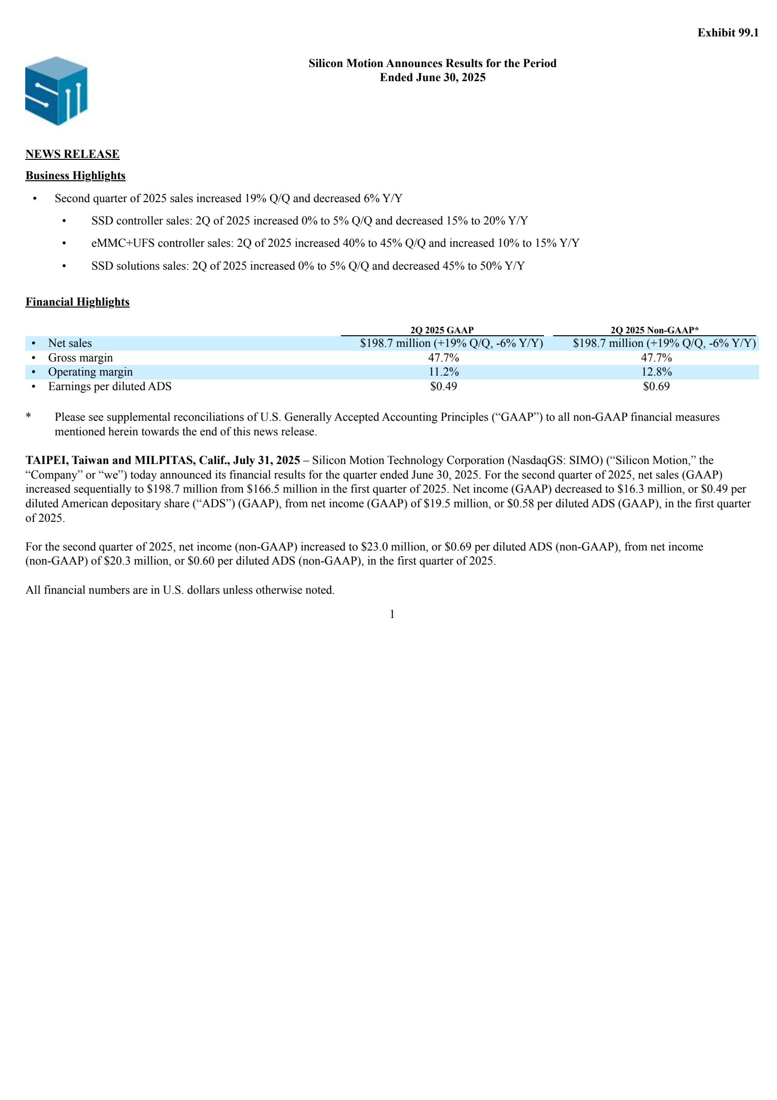 Silicon Motion Technology's Q2 2025 Press Release