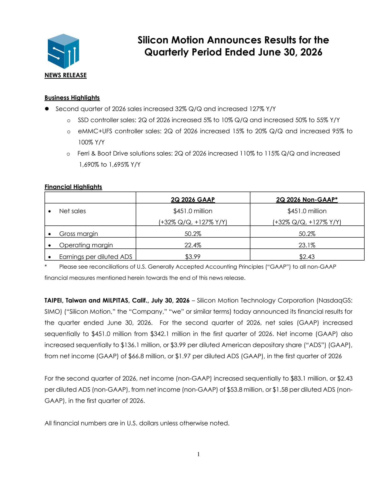 Silicon Motion Technology's Q2 2026 Press Release