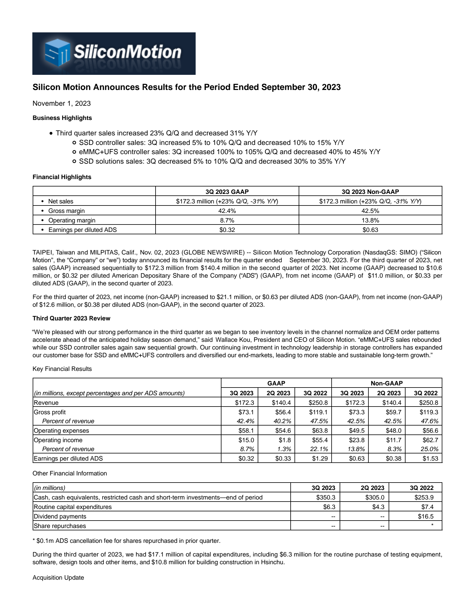Silicon Motion Technology's Q3 2023 Press Release
