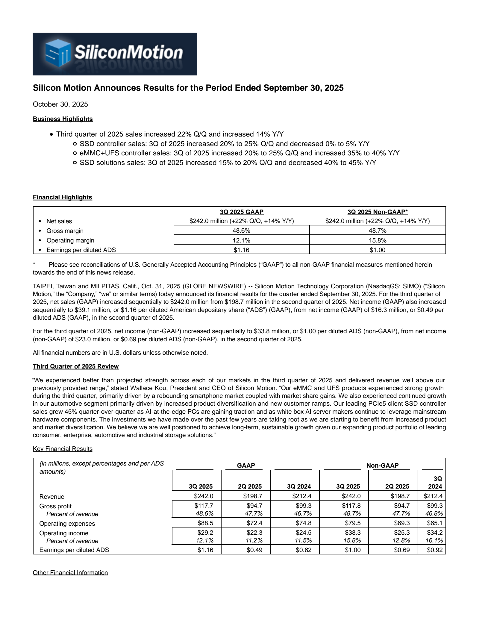 Silicon Motion Technology's Q3 2025 Earnings Release