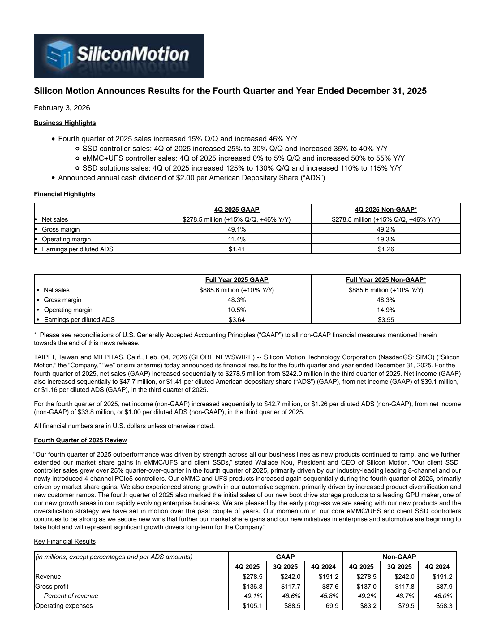 Silicon Motion Technology's Q4 2025 Press Release