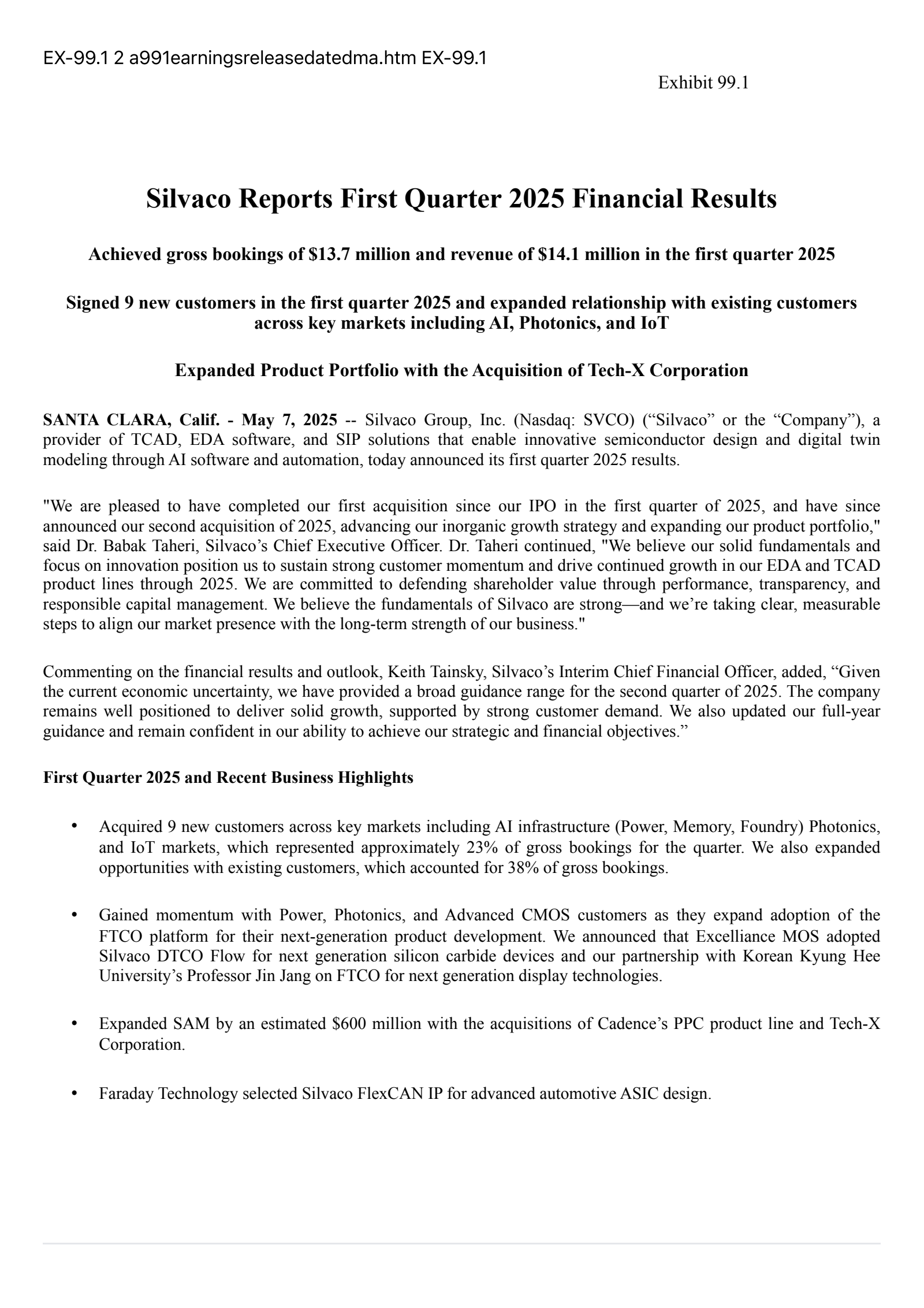Silvaco Group's Q1 2025 Press Release