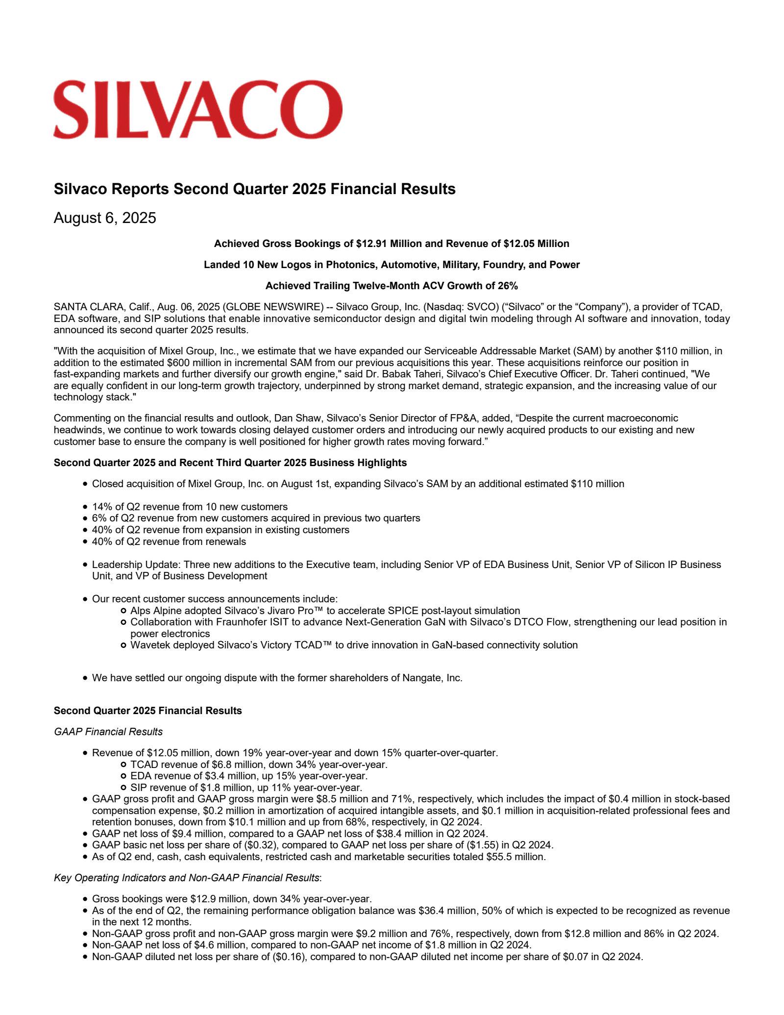 Silvaco Group's Q2 2025 Press Release