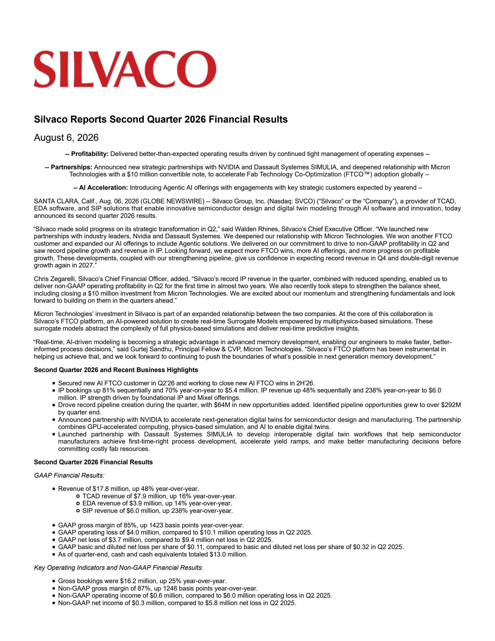 Silvaco Group's Q2 2026 Press Release