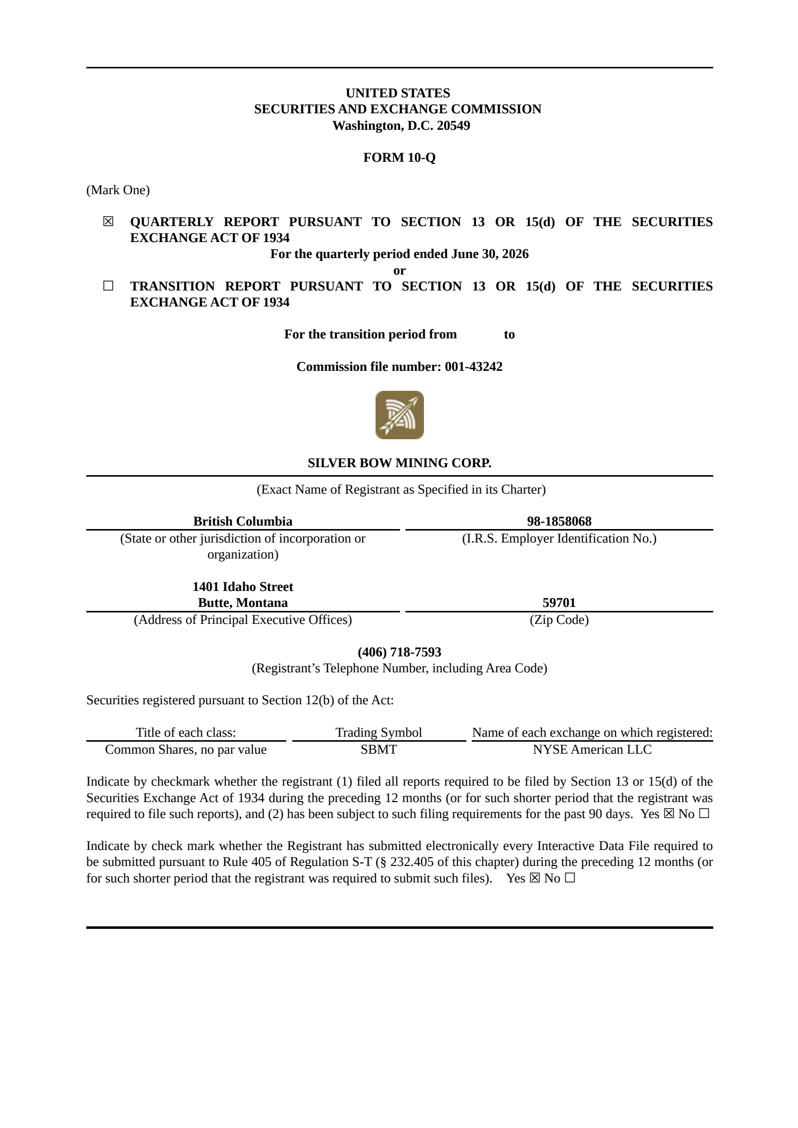 Silver Bow Mining's Q2 2026 Quarterly report