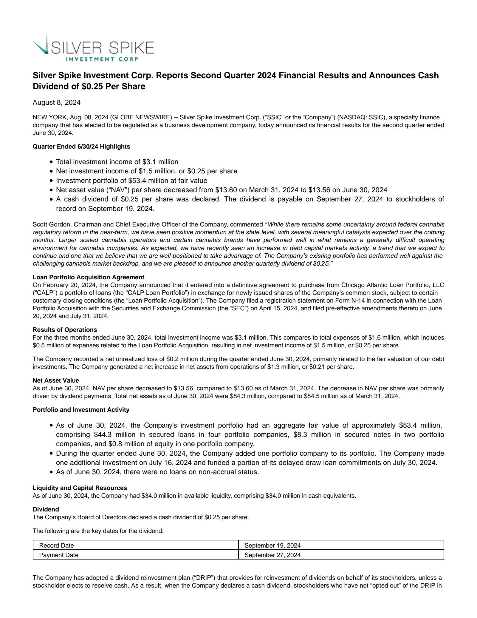Chicago Atlantic BDC's Q2 2024 Press Release
