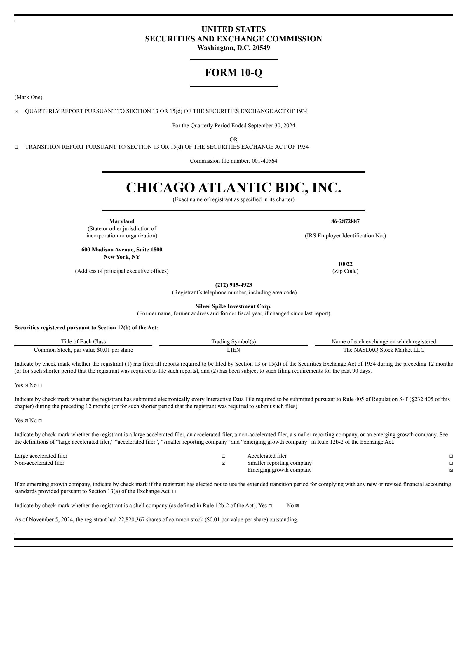 Chicago Atlantic BDC's Q3 2024 Quarterly report