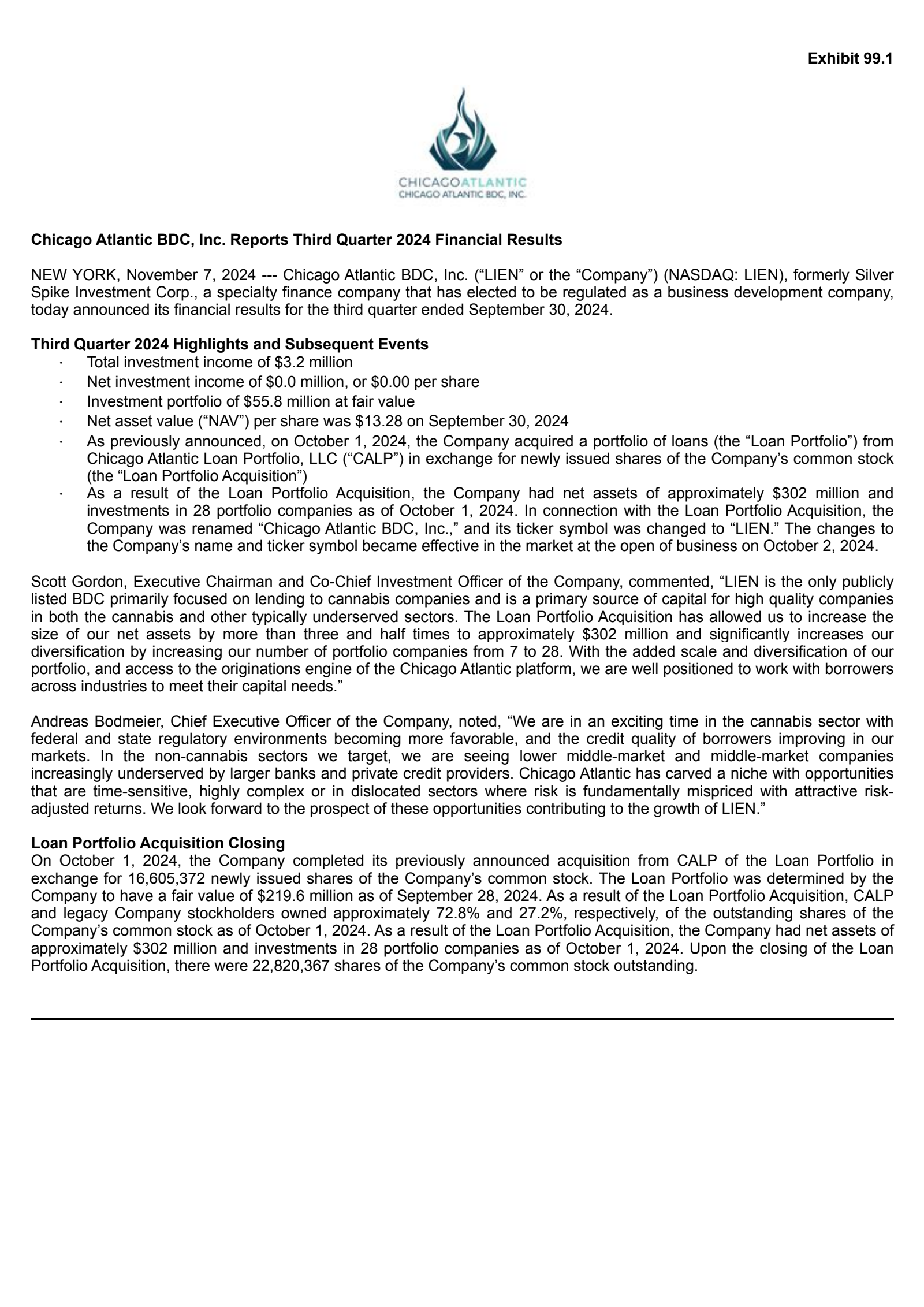 Chicago Atlantic BDC's Q3 2024 Press Release