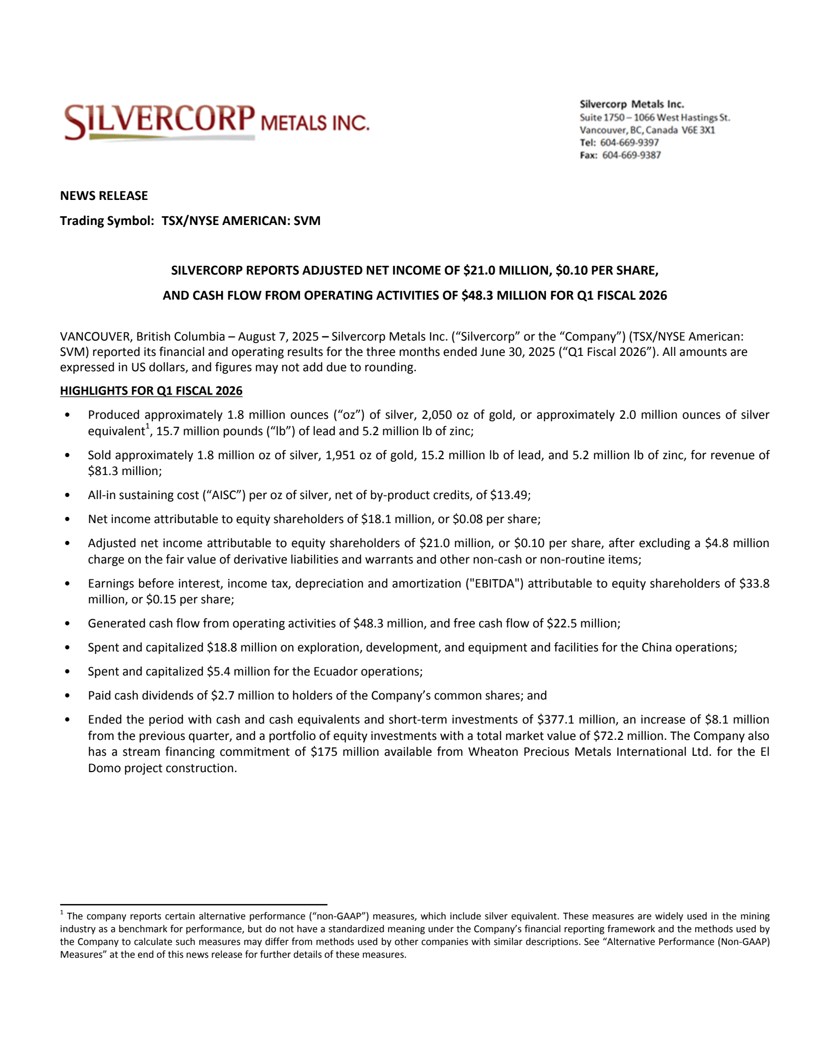 Silvercorp Metals' Q1 2026 Press Release