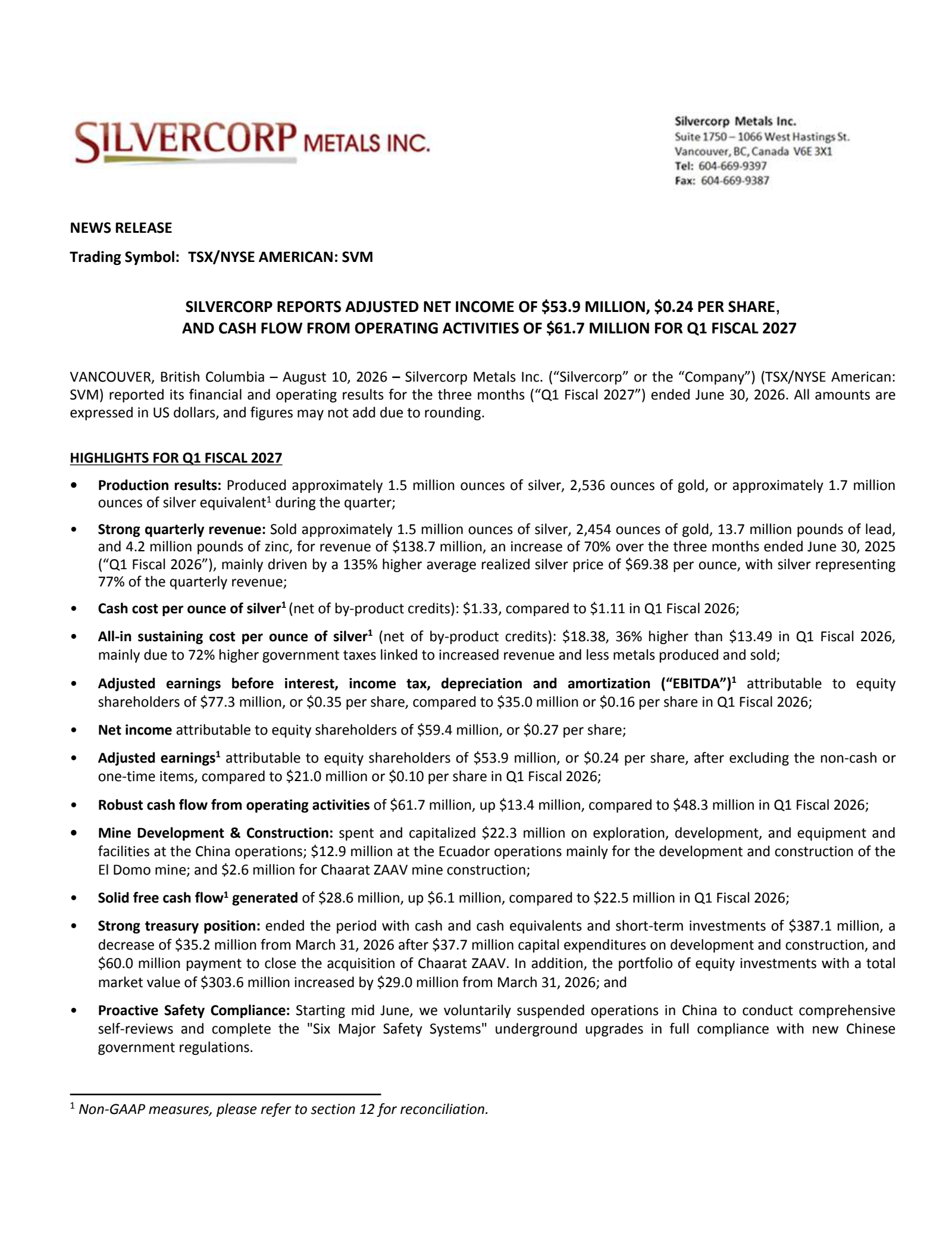 Silvercorp Metals' Q1 2027 Press Release