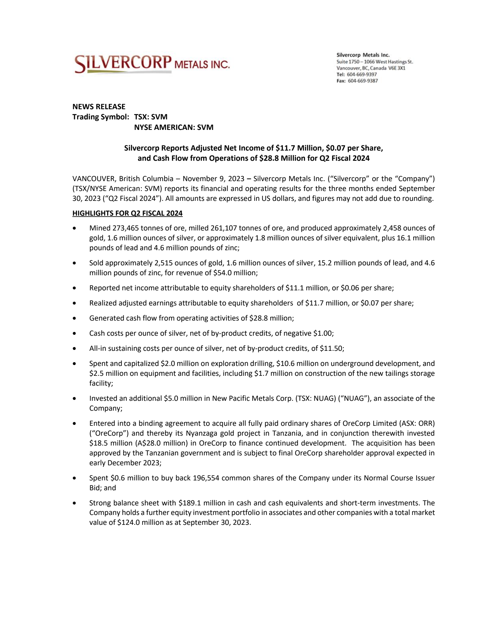Silvercorp Metals' Q2 2024 Interim report