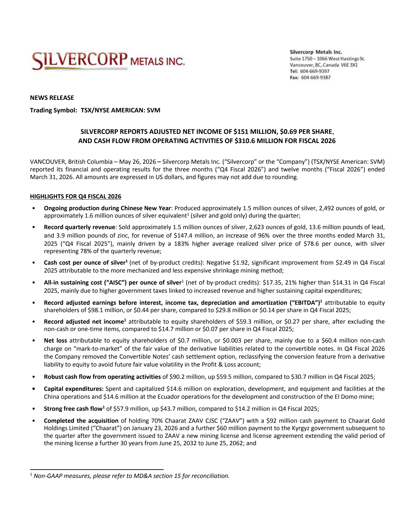 Silvercorp Metals' Q4 2026 Press Release