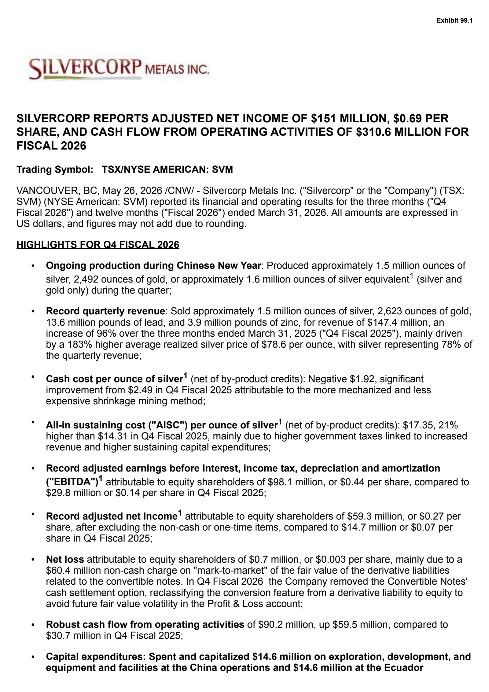 Silvercorp Metals' Q4 2026 Press Release
