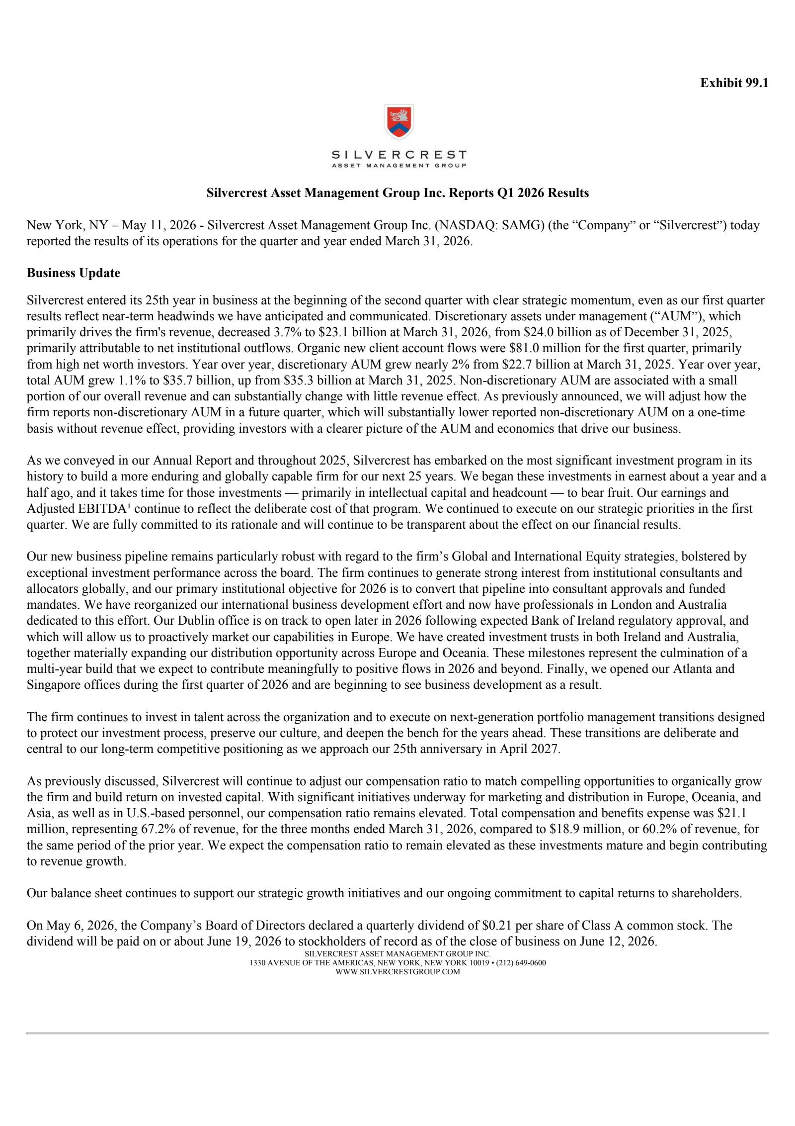 Silvercrest Asset Management Group's Q1 2026 Press Release
