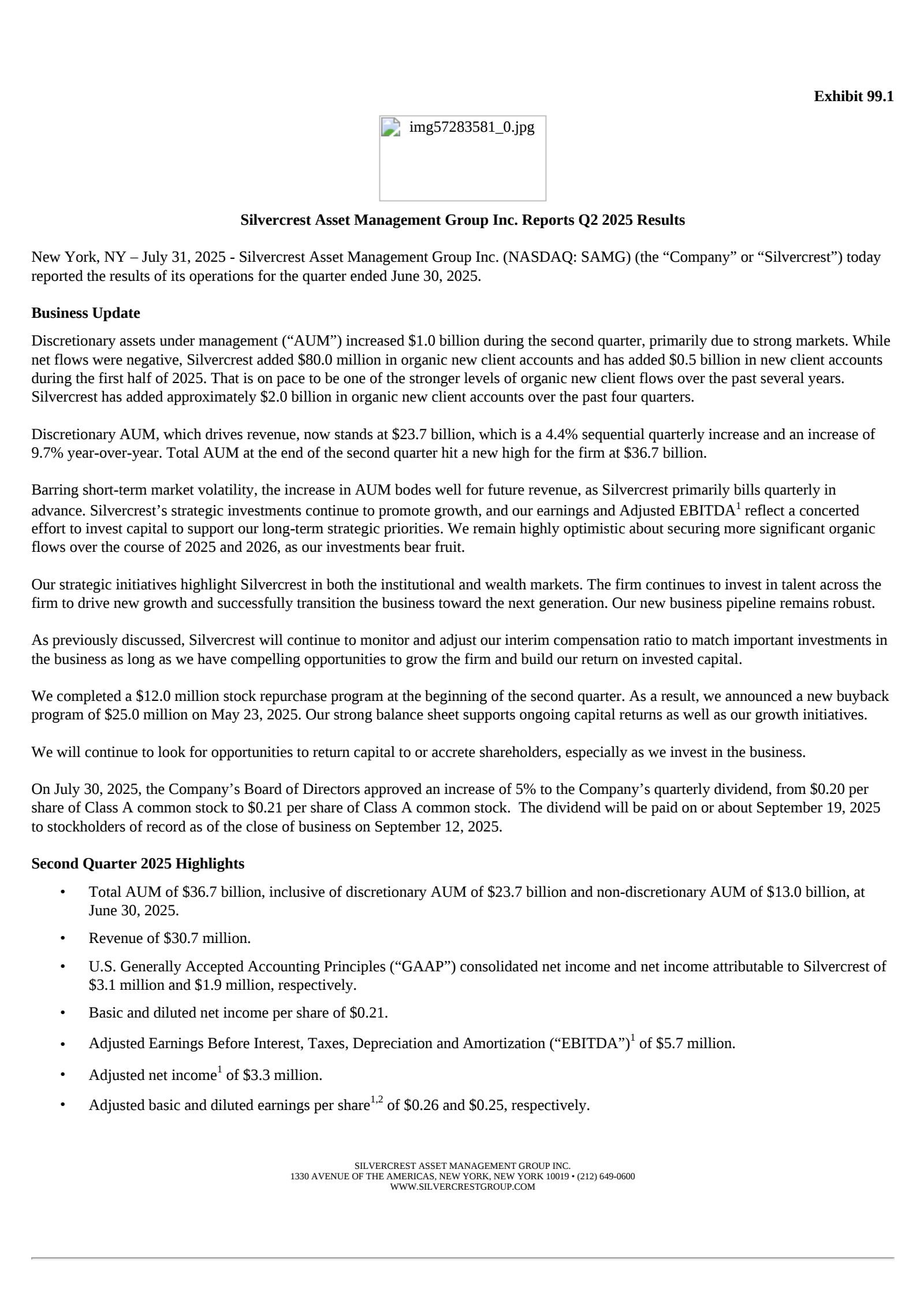 Silvercrest Asset Management Group's Q2 2025 Press Release