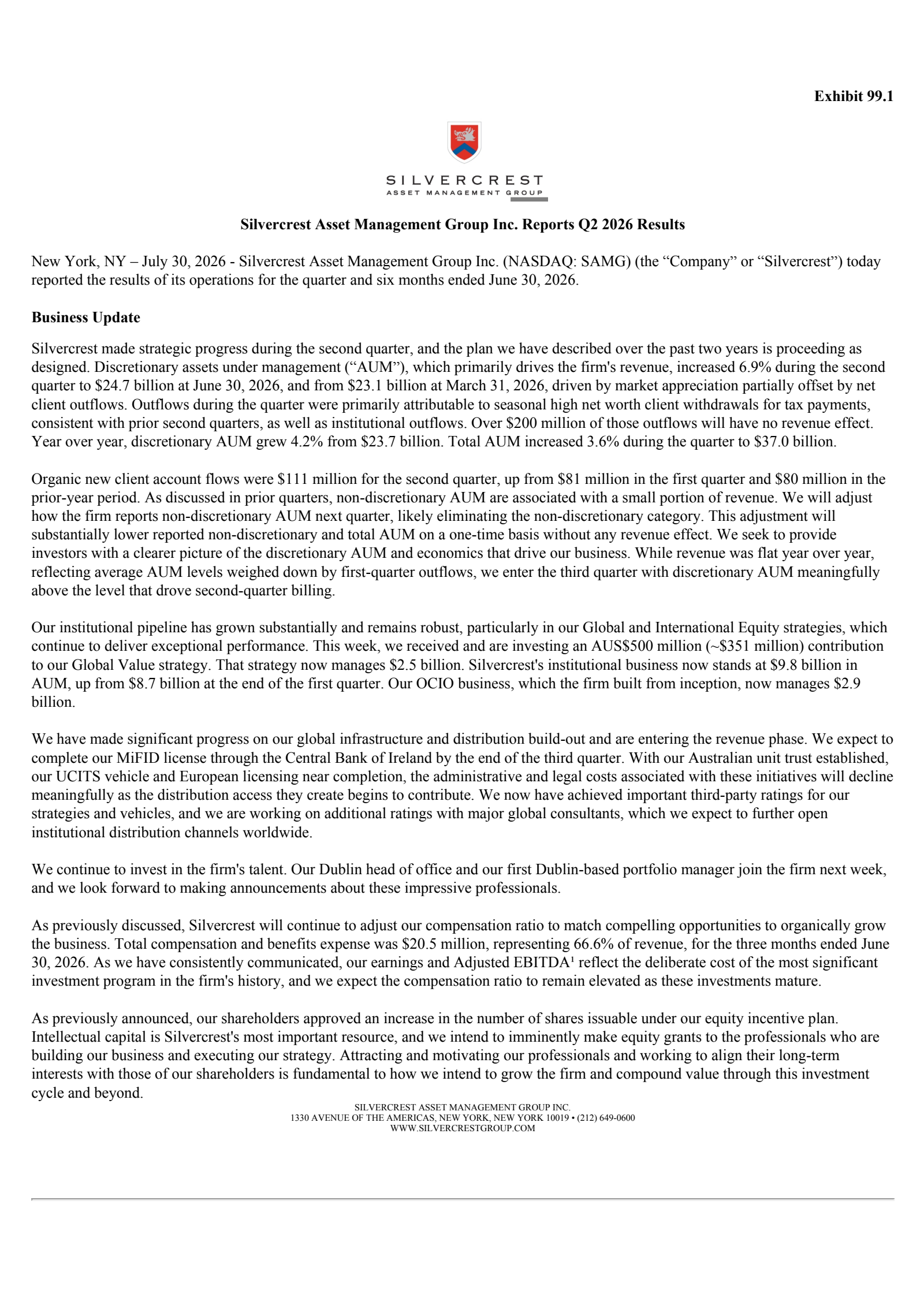 Silvercrest Asset Management Group's Q2 2026 Press Release