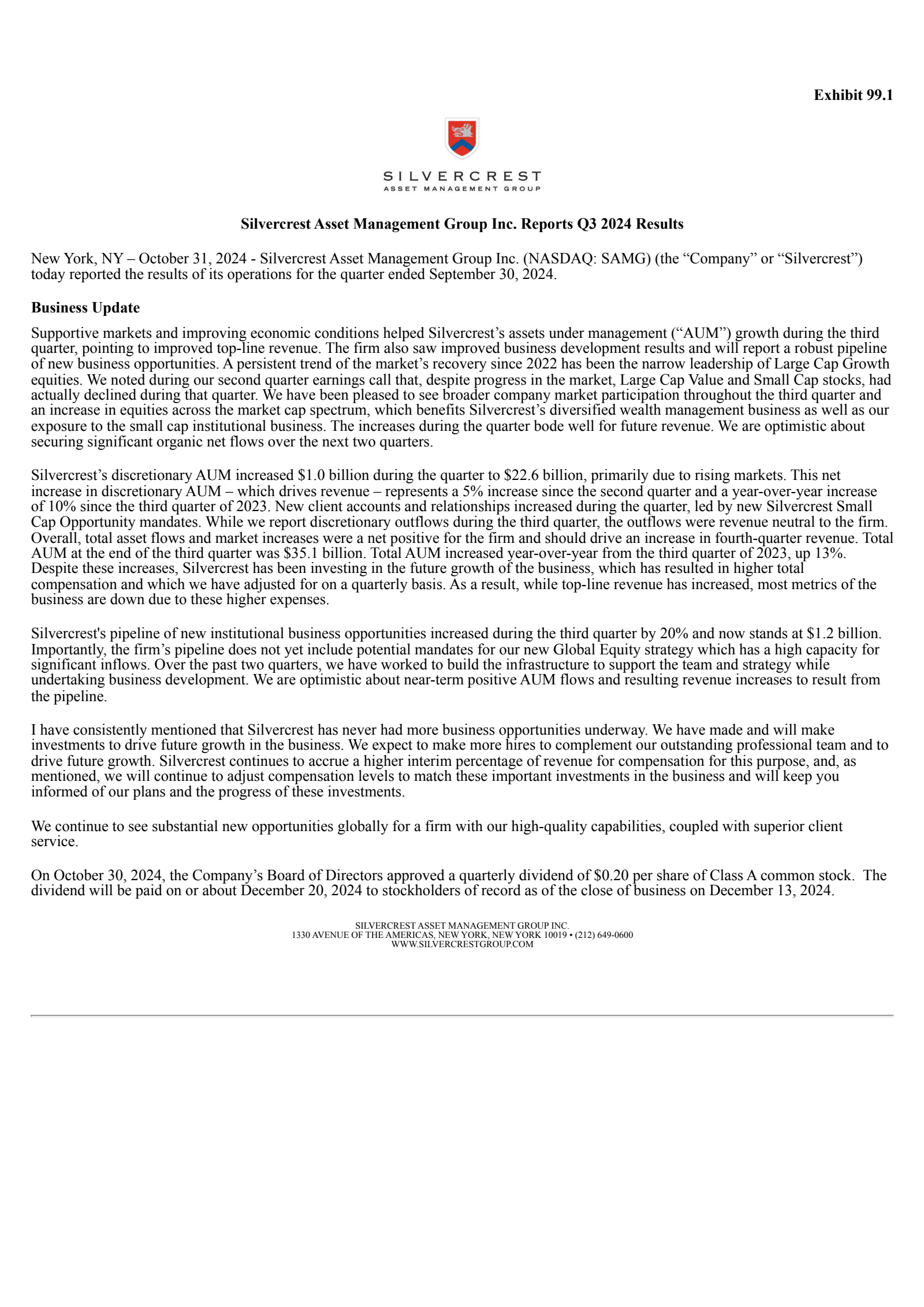 Silvercrest Asset Management Group's Q3 2024 Press Release