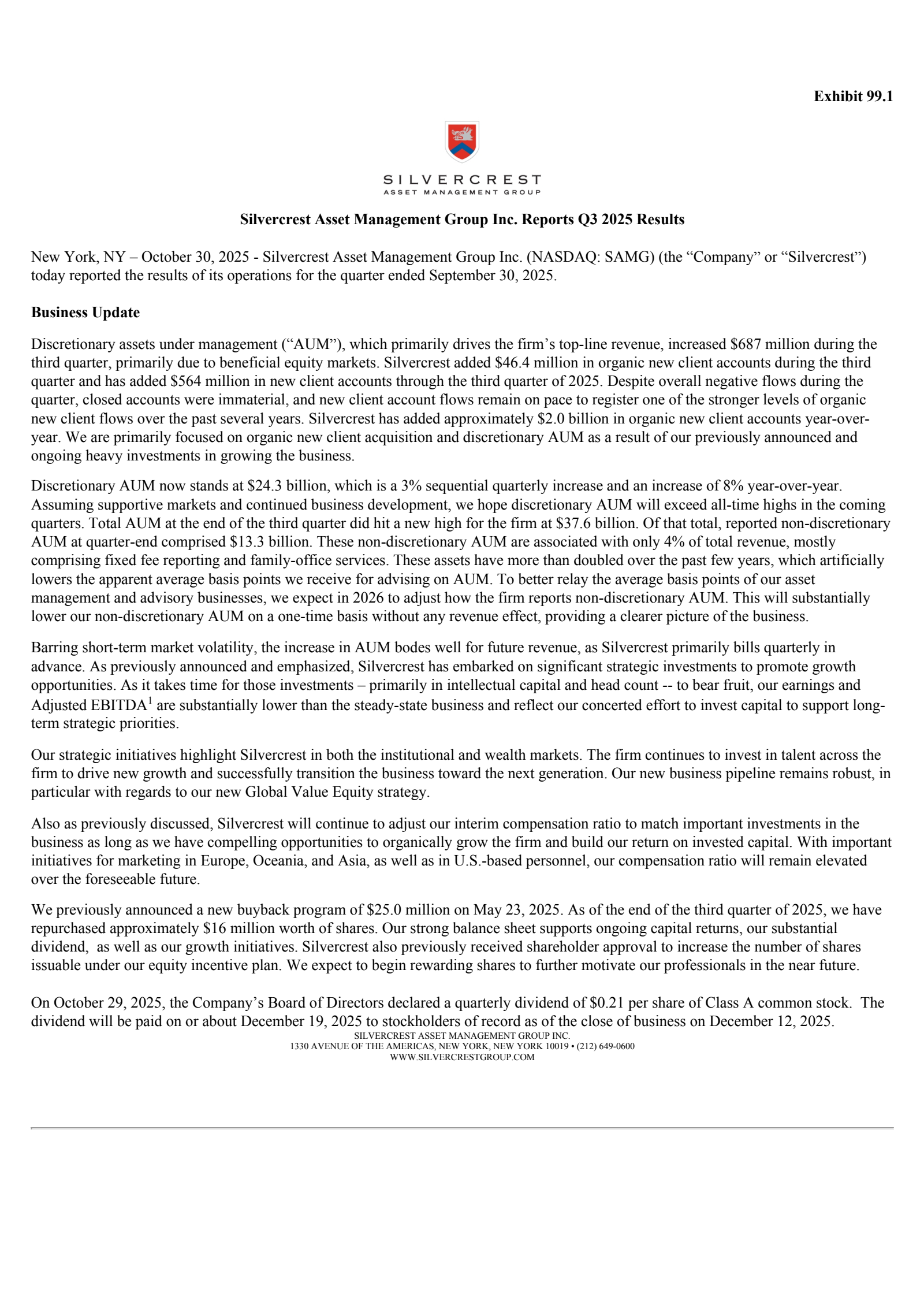 Silvercrest Asset Management Group's Q3 2025 Earnings Release