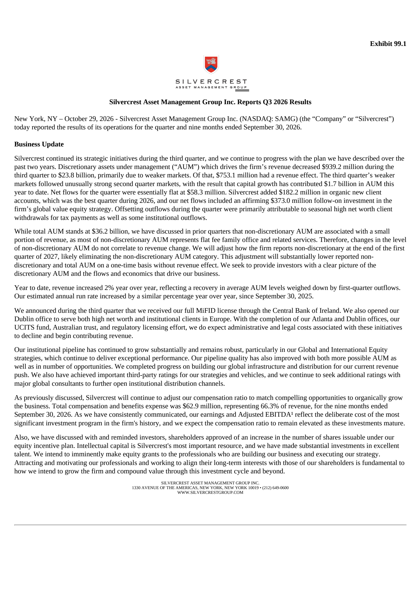Silvercrest Asset Management Group's Q3 2026 Press Release